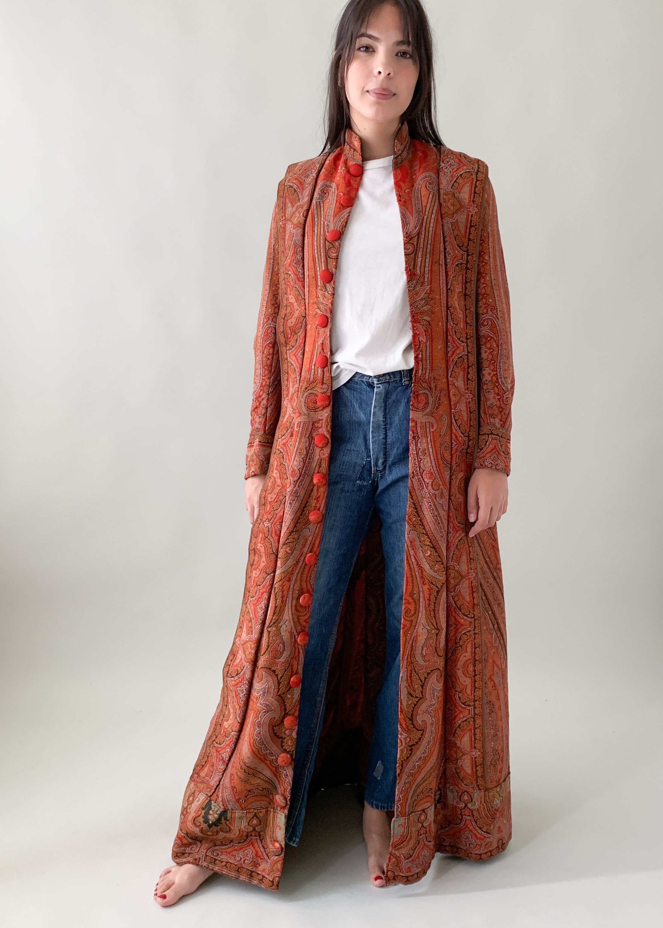 Antique Victorian Paisley Wool Duster Coat — 1890s, Fitted Bodice