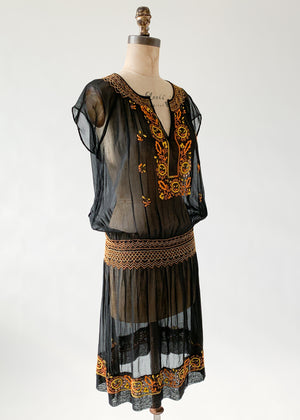 Vintage 1920s Embroidered Black Cotton Dress