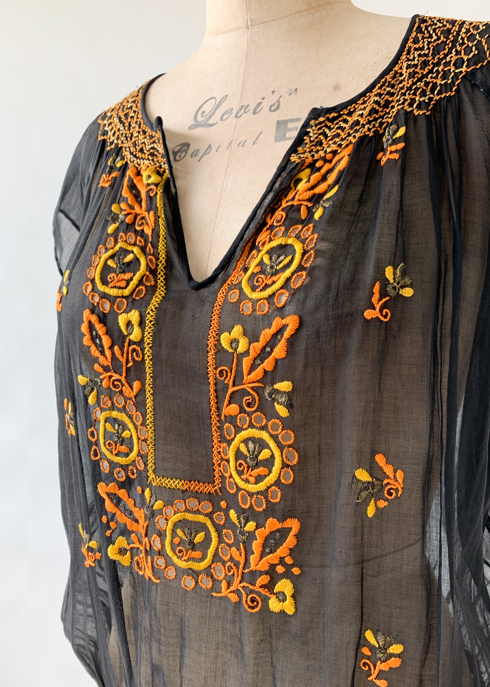 Vintage 1920s Embroidered Black Cotton Dress