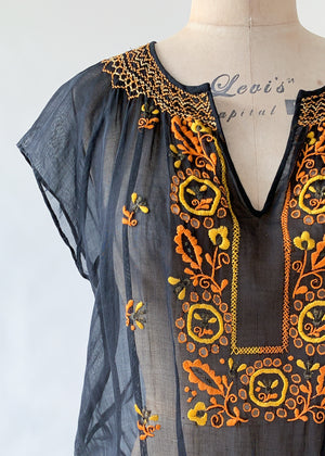 Vintage 1920s Embroidered Black Cotton Dress