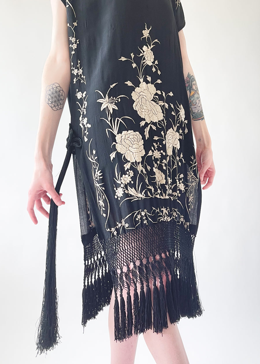 Vintage 1920s Embroidered Silk Fringed Dress
