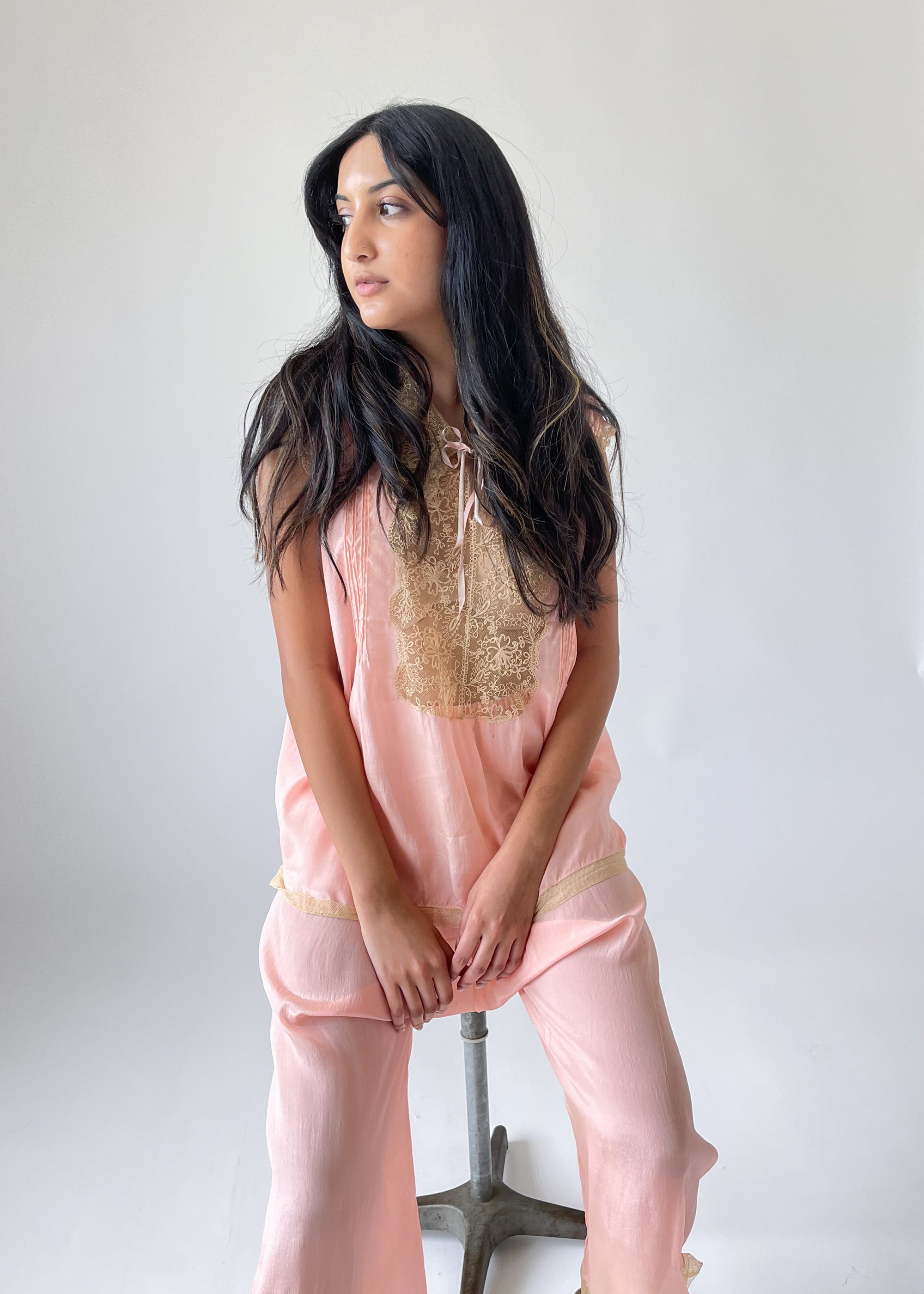 Vintage 1920s Silk and Lace Pajama Set