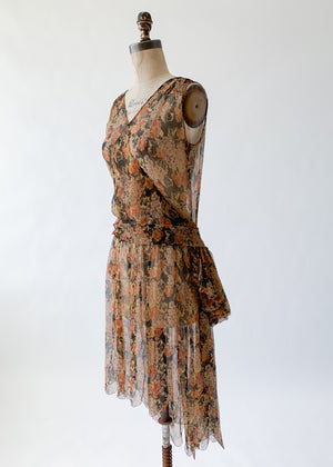 Vintage 1920s Floral Silk Chiffon Dress