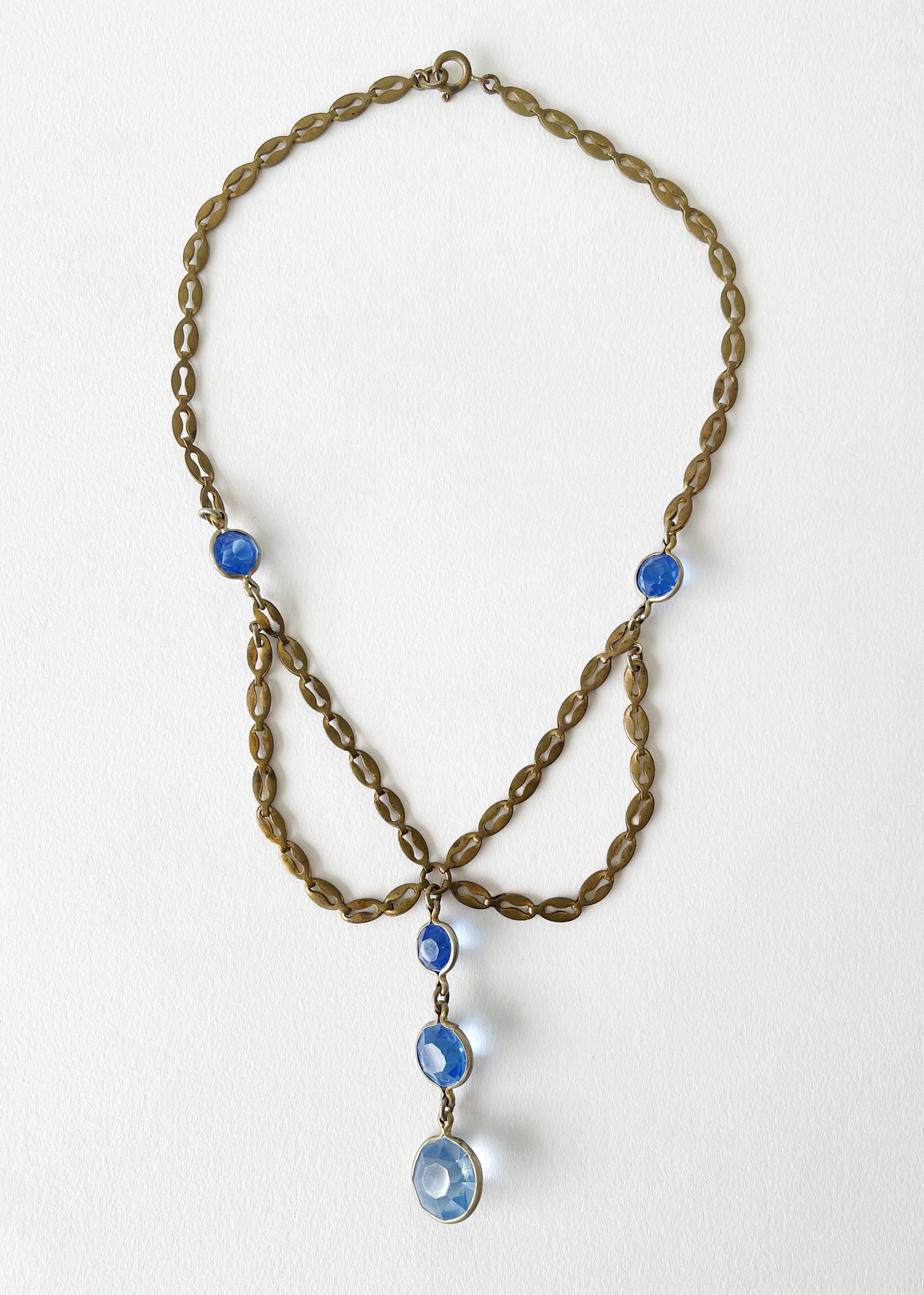 Vintage 1930s Blue Crystal and Brass Necklace