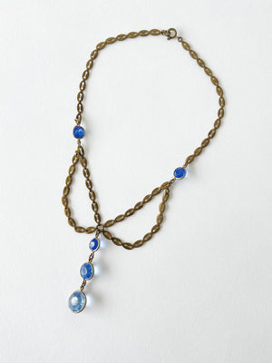 Vintage 1930s Blue Crystal and Brass Necklace
