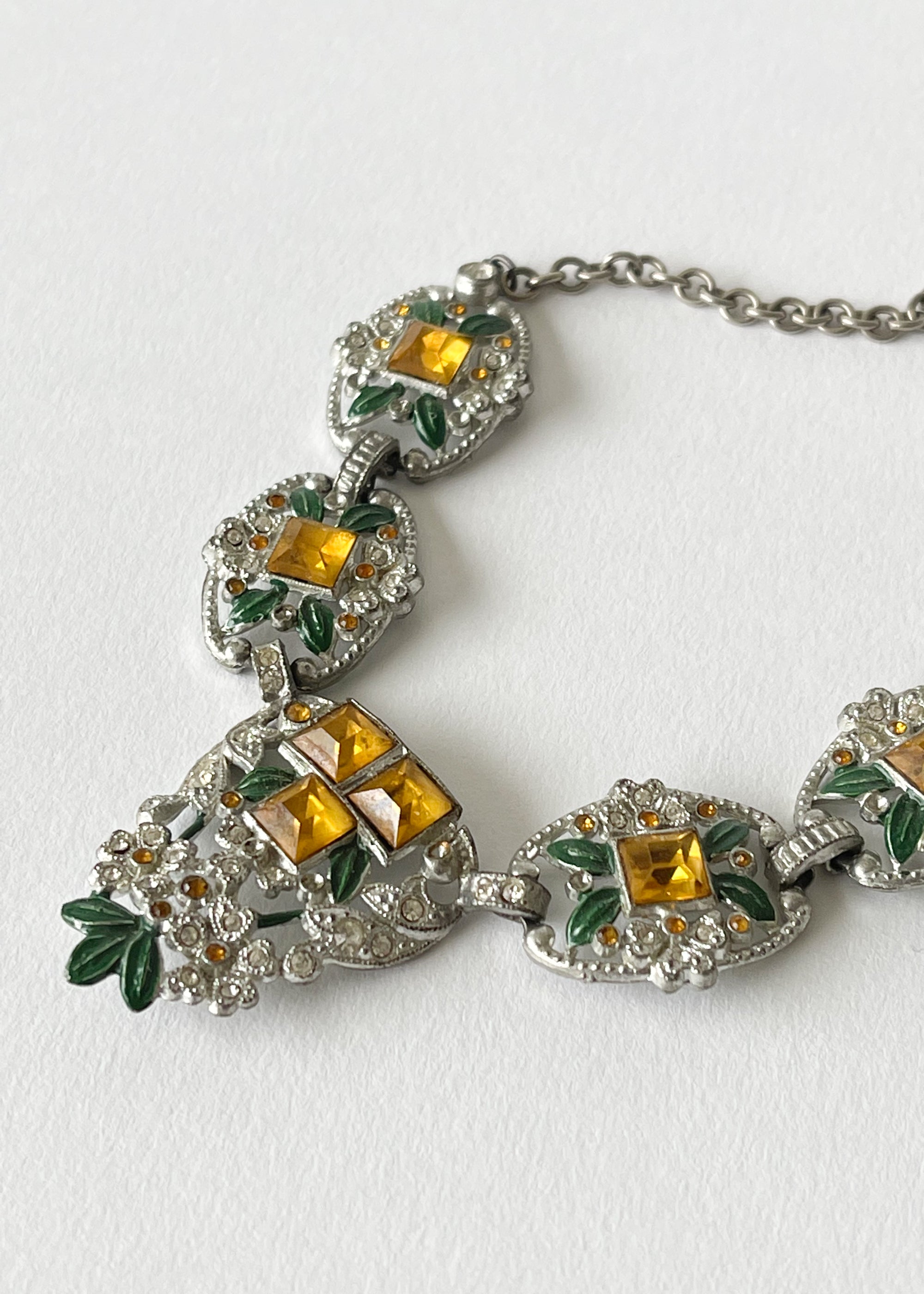 Vintage 1930s Gold and Green Rhinestone Glamour Necklace