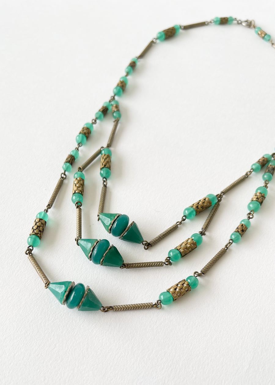 Vintage 1930s Jade Green Glass and Brass Necklace