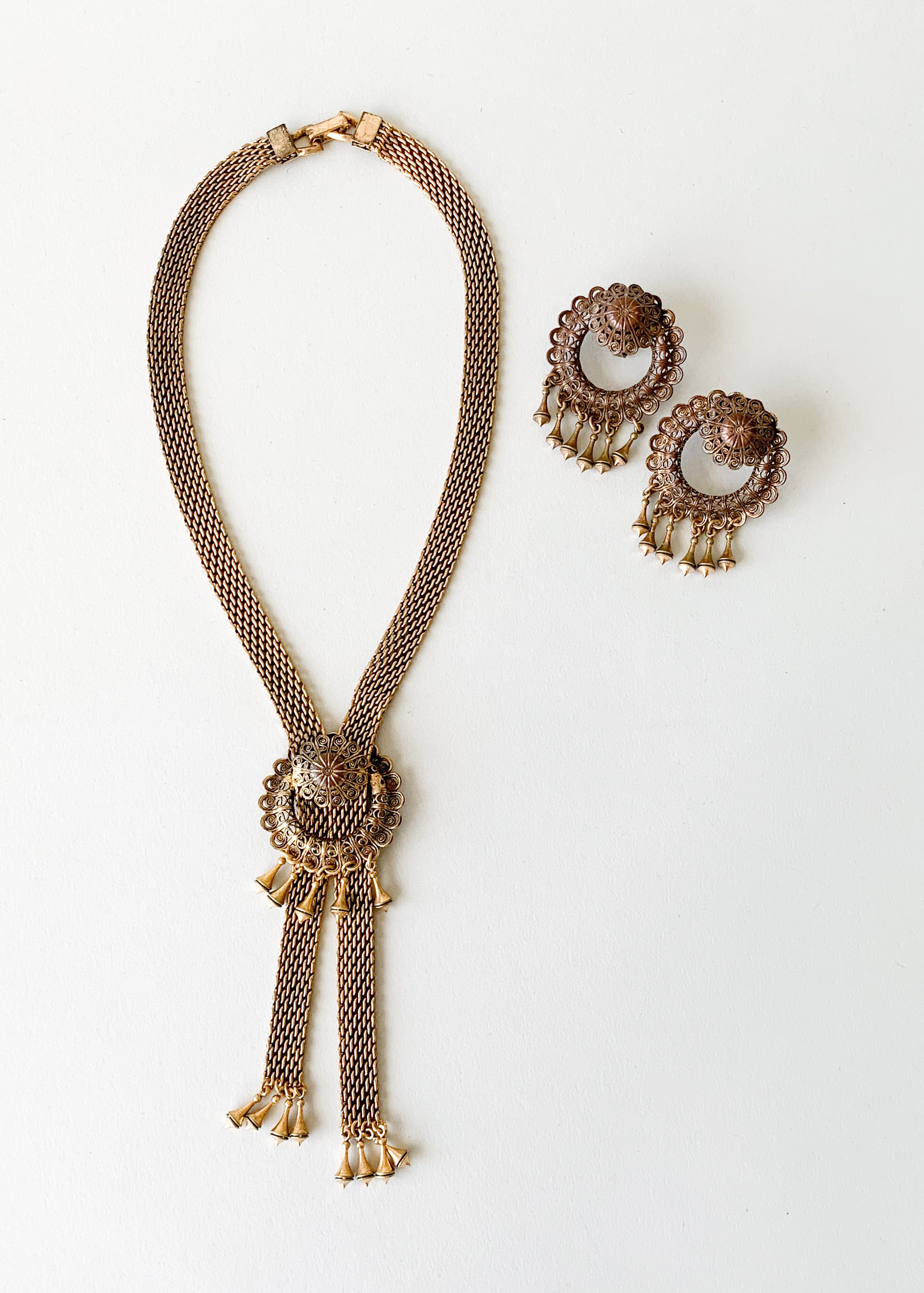 Vintage 1940s Brass Necklace and Earrings