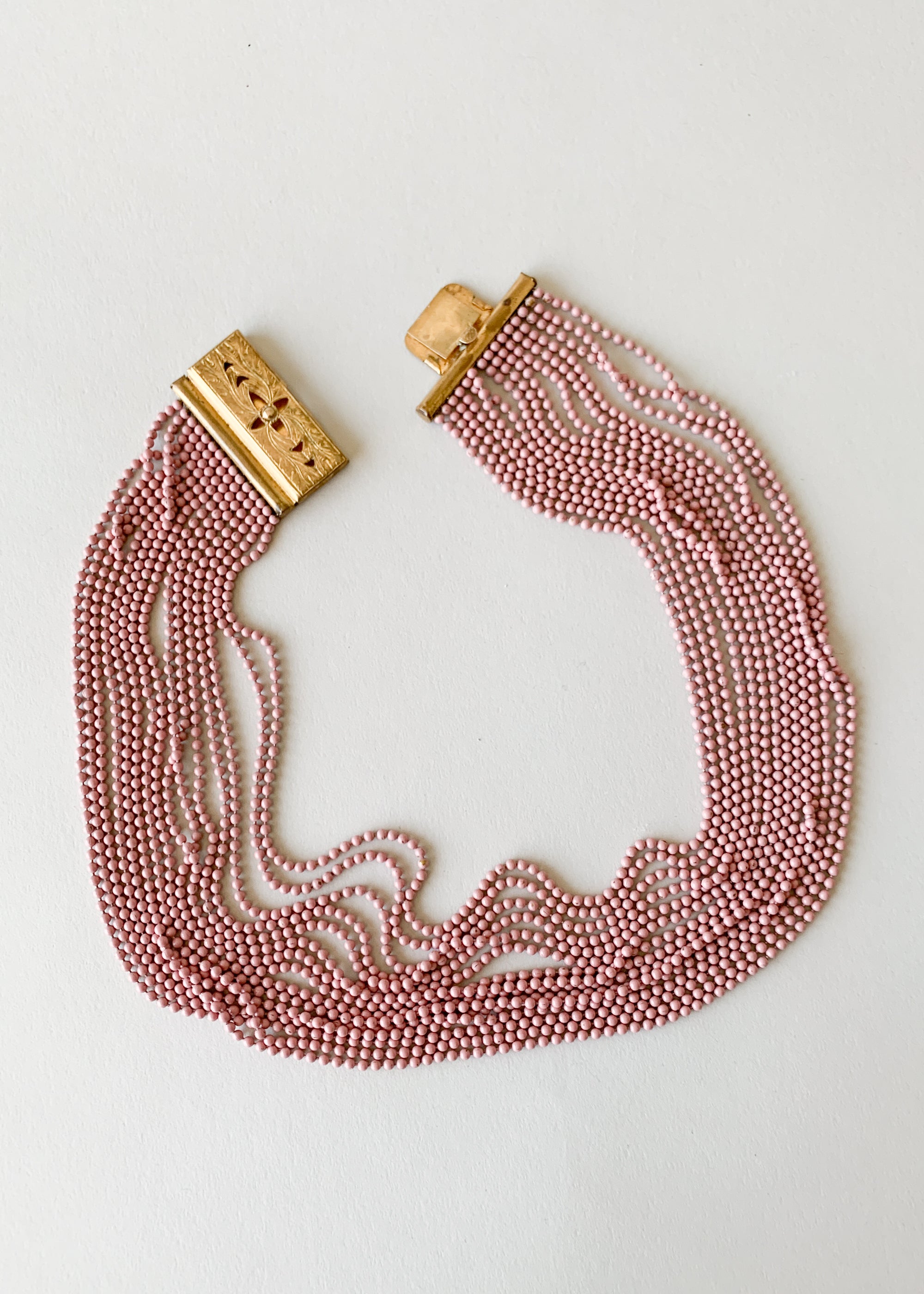 Vintage 1940s Pink Brass Bead Necklace