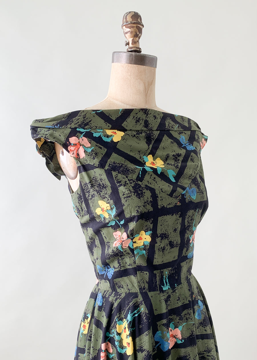 Vintage 1950s Floral Cotton Summer Dress
