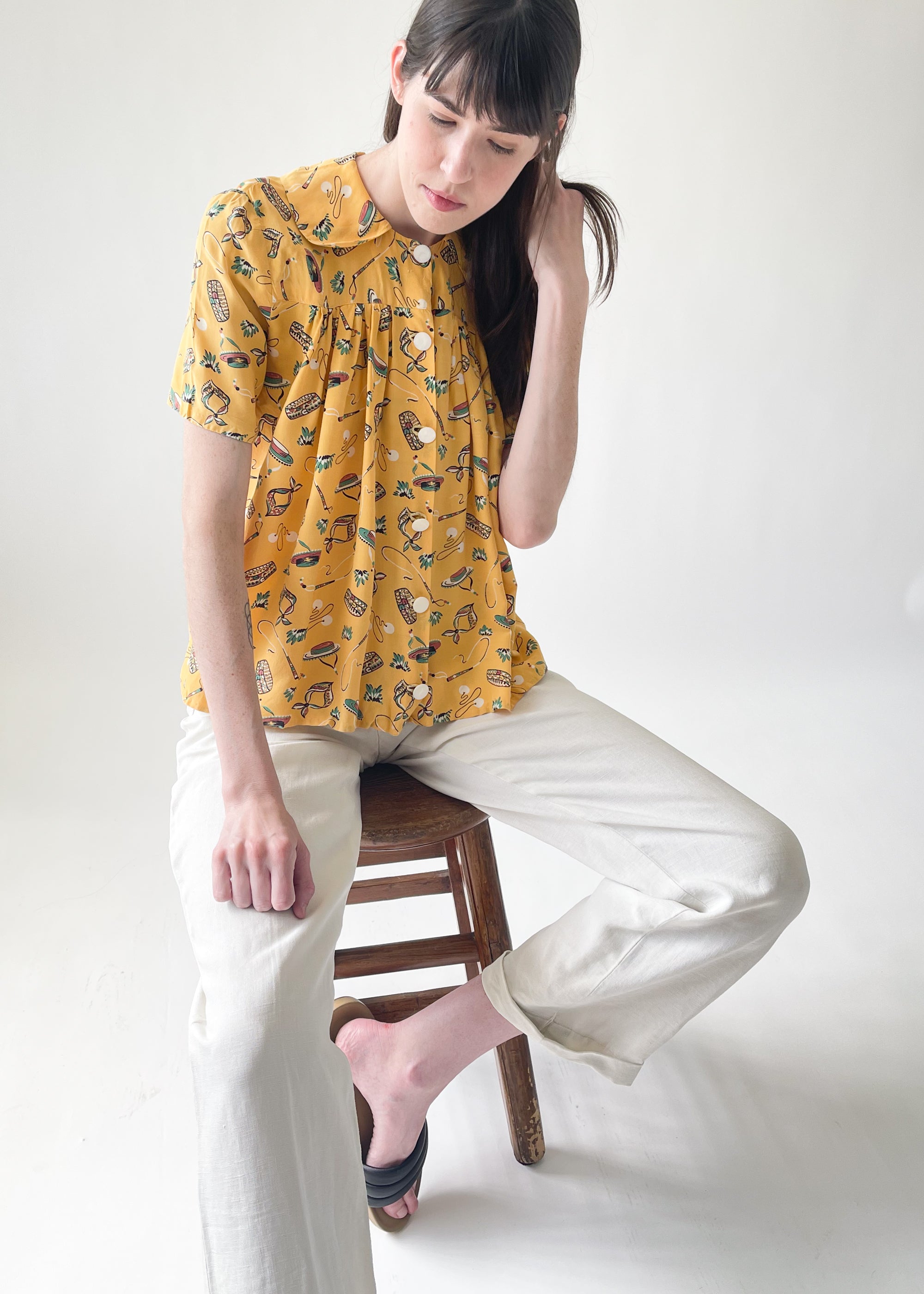 Vintage Late 1940s Rayon Novelty Print Shirt