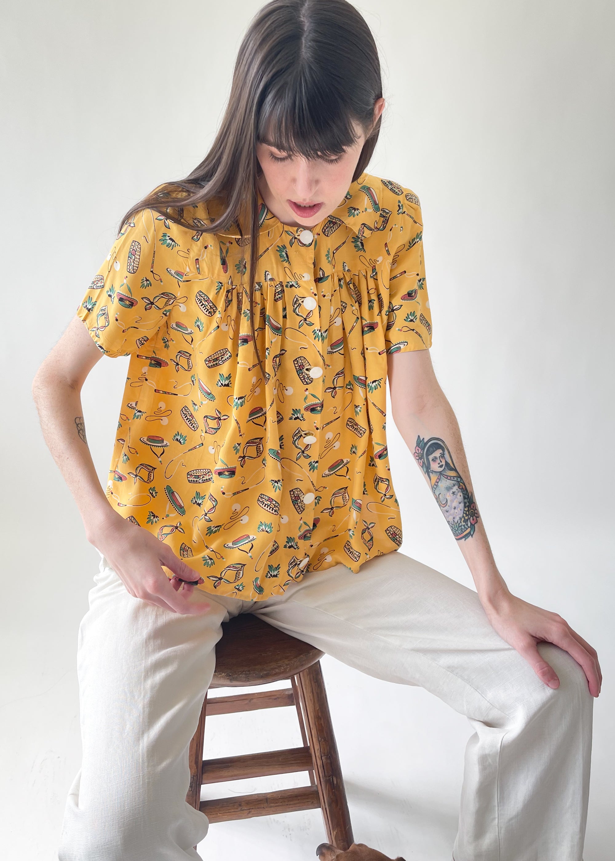 Vintage Late 1940s Rayon Novelty Print Shirt