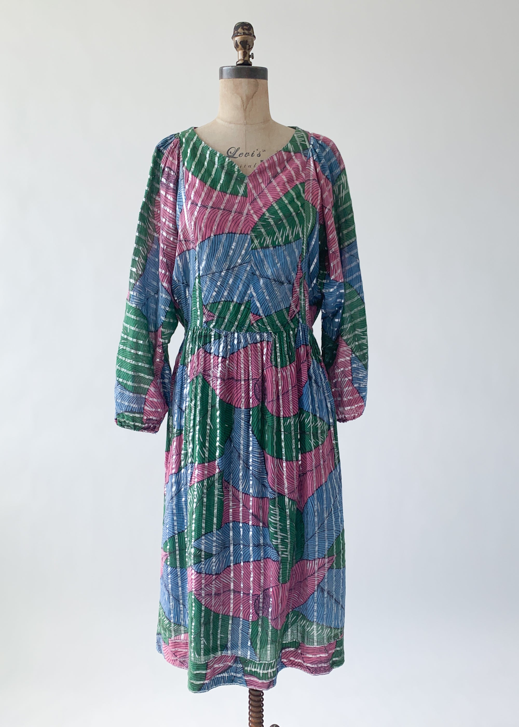 Vintage 1970s Tropical Leaf Indian Cotton Dress