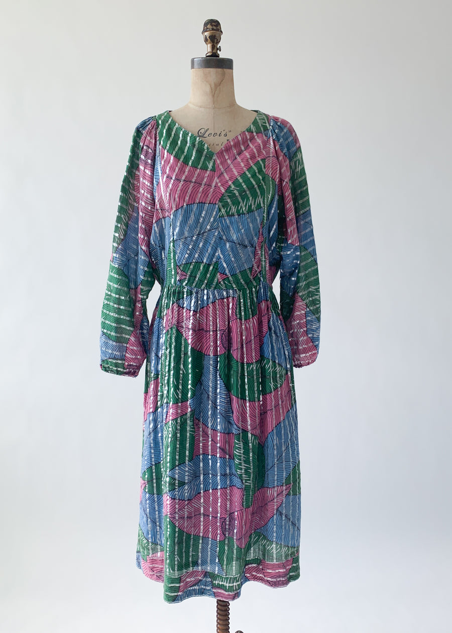 Vintage 1970s Tropical Leaf Indian Cotton Dress