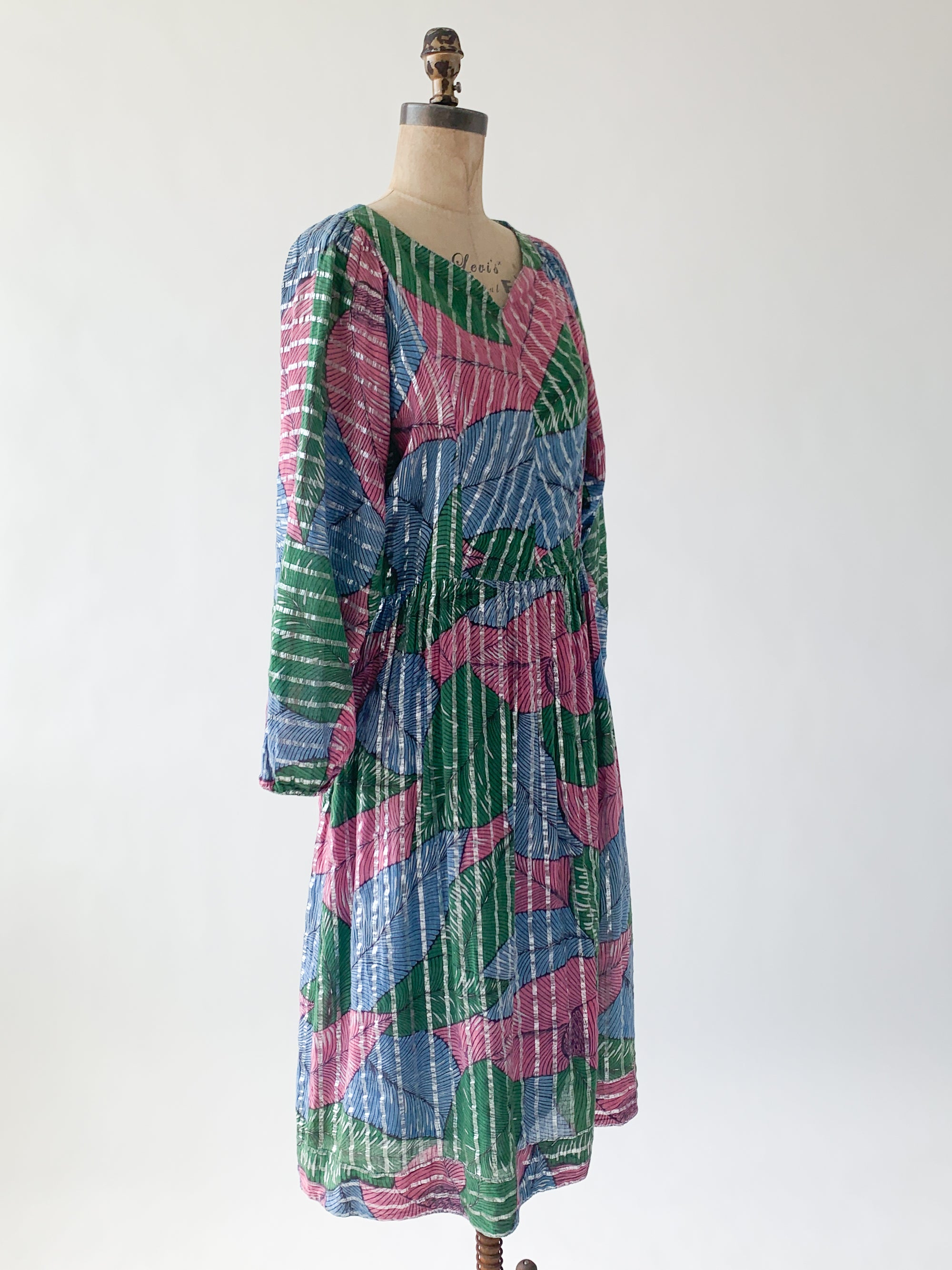 Vintage 1970s Tropical Leaf Indian Cotton Dress