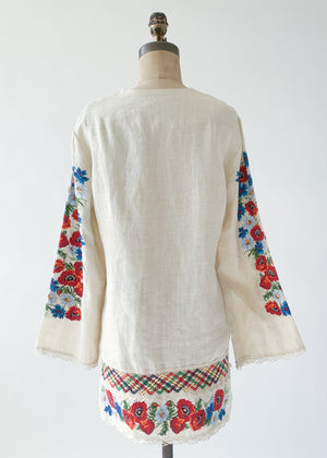 Vintage 1960s Embroidered Linen Mini Dress