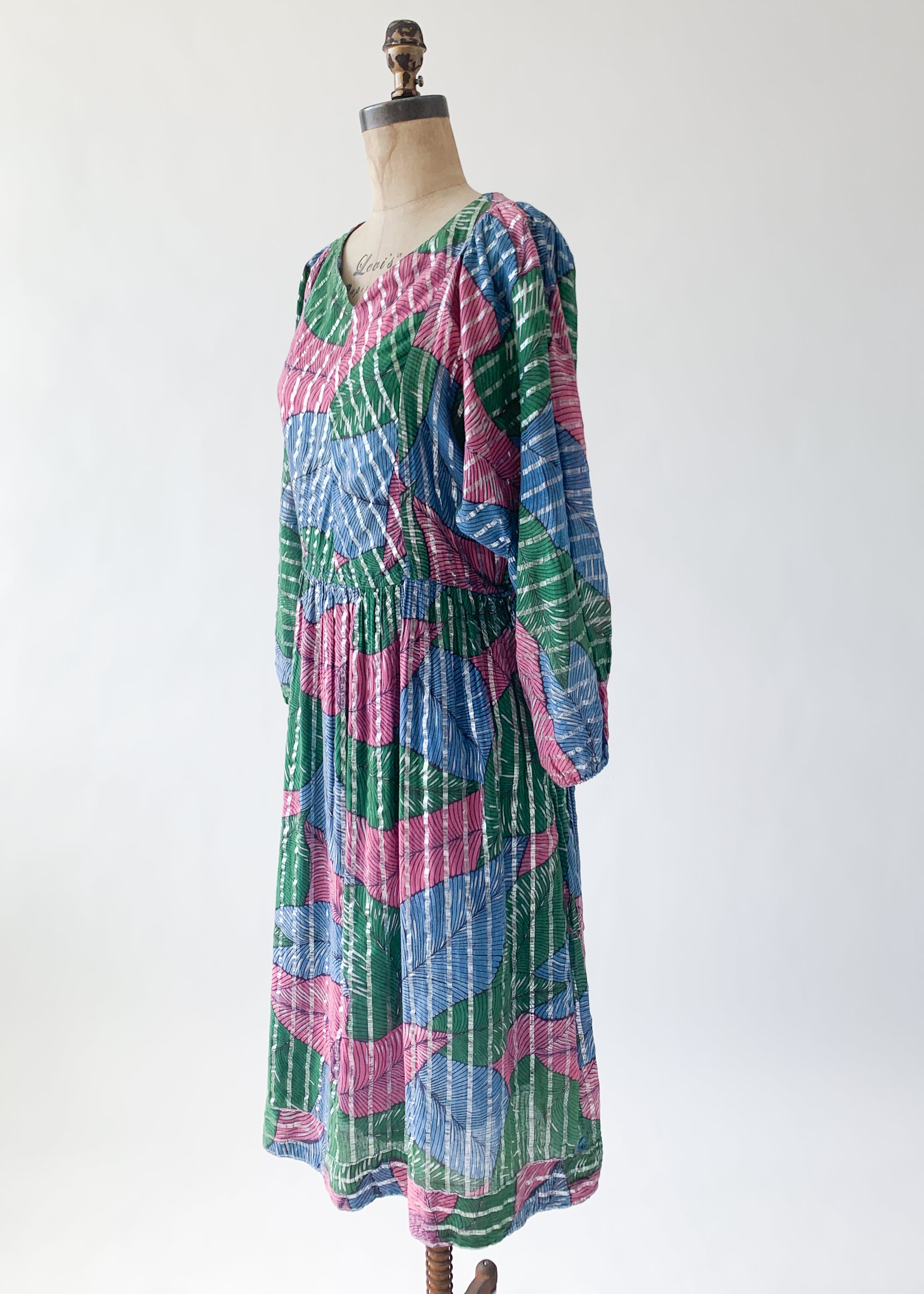 Vintage 1970s Tropical Leaf Indian Cotton Dress