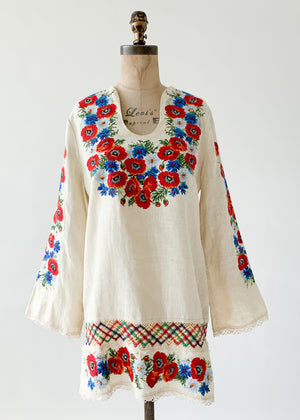 Vintage 1960s Embroidered Linen Mini Dress