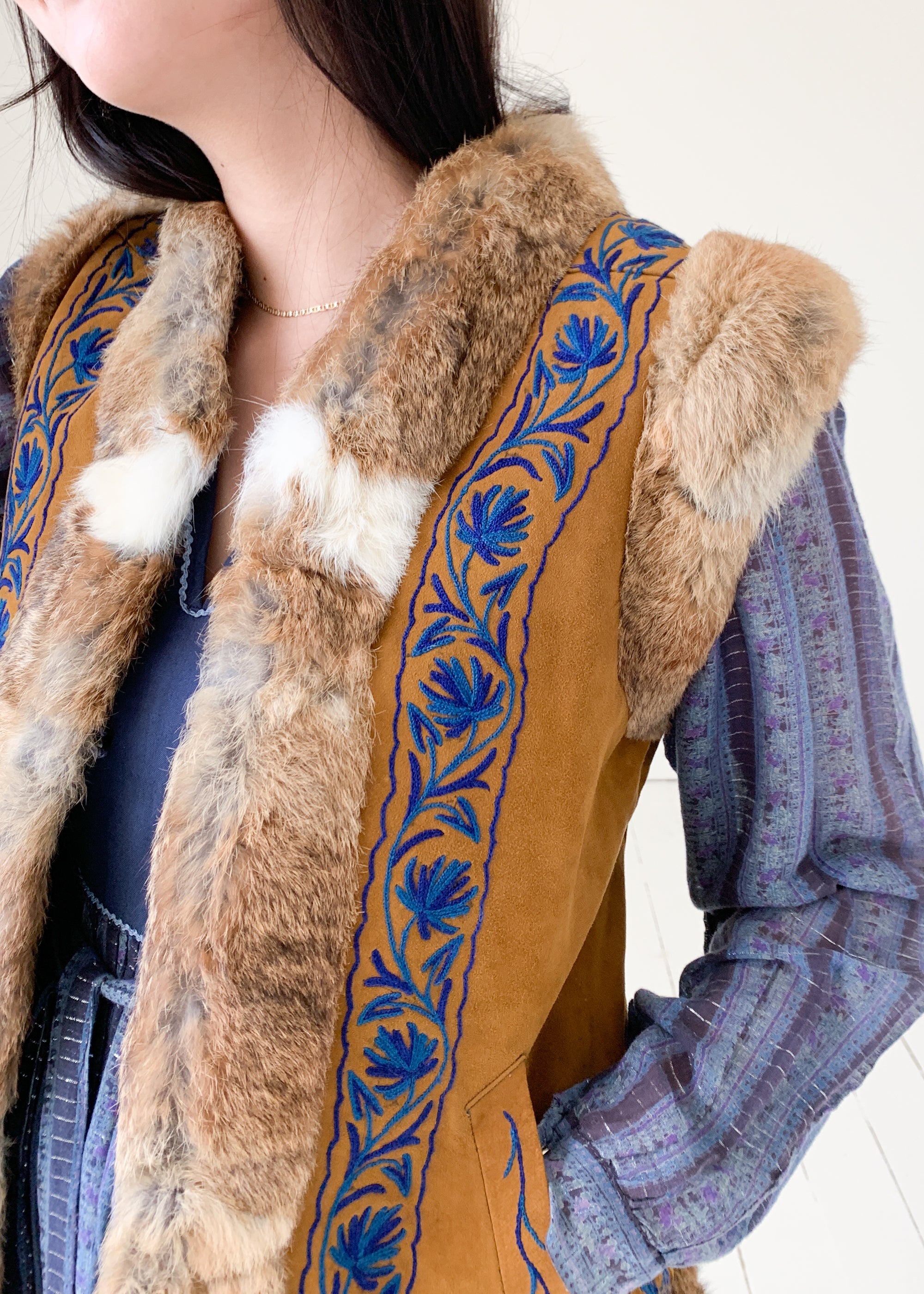 Vintage Embroidered Suede and Fur Vest