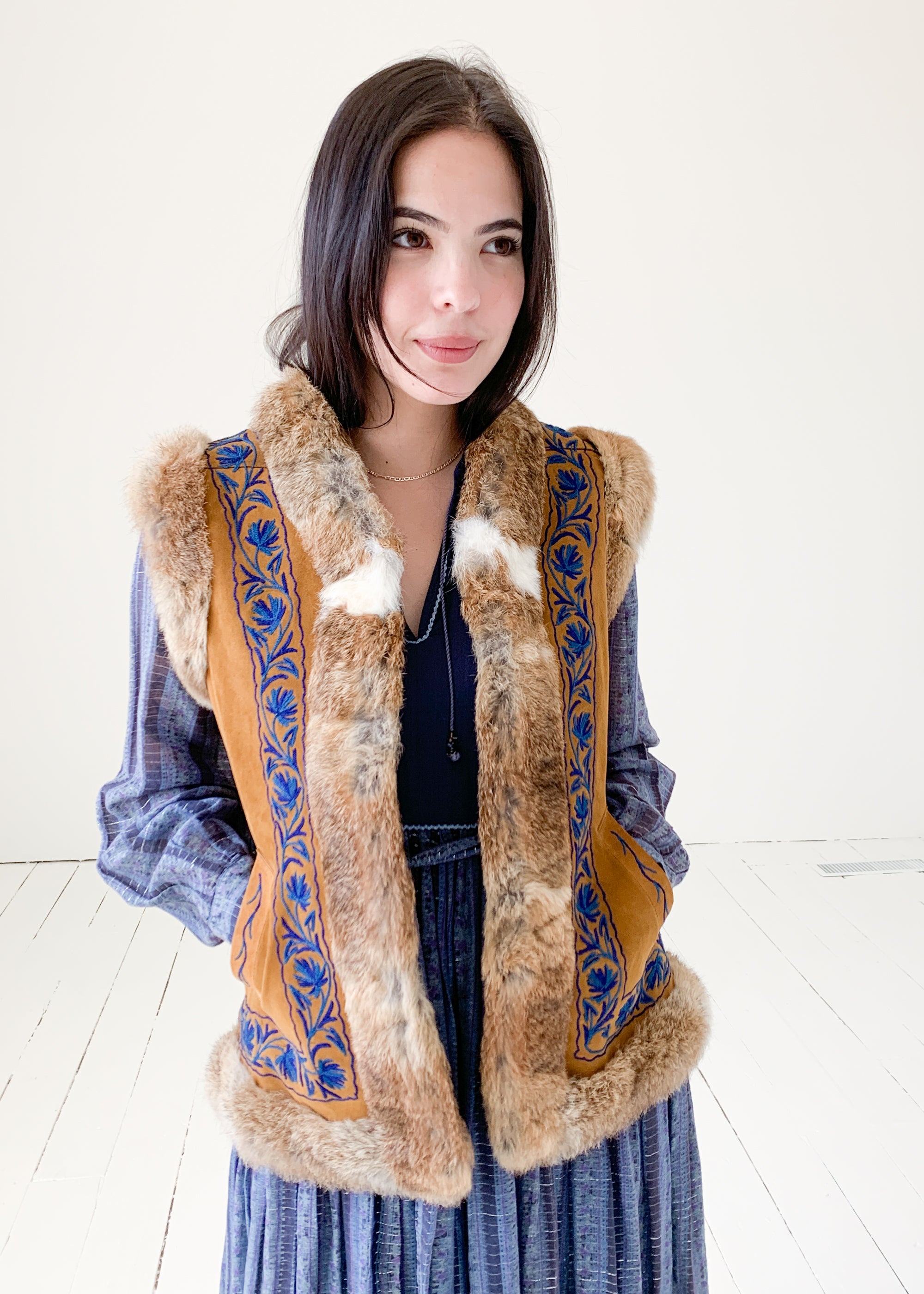 Vintage Embroidered Suede and Fur Vest