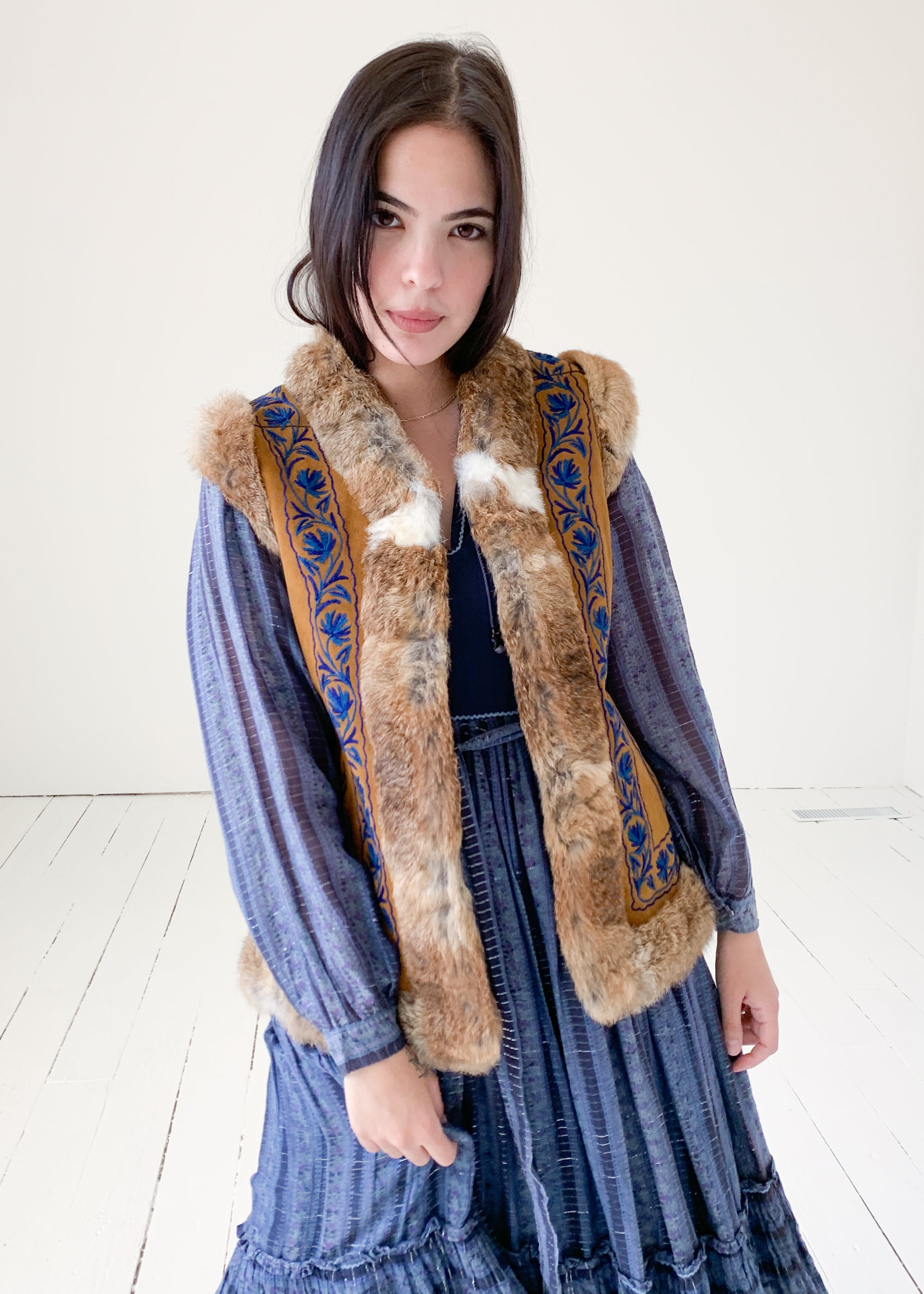 Vintage Embroidered Suede and Fur Vest