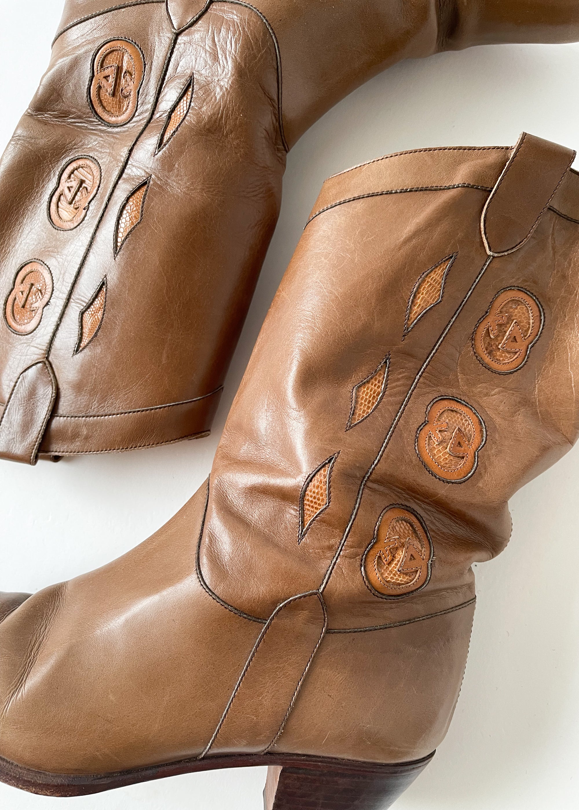 Vintage 1970s Gucci Logo Leather Cowboy Boots