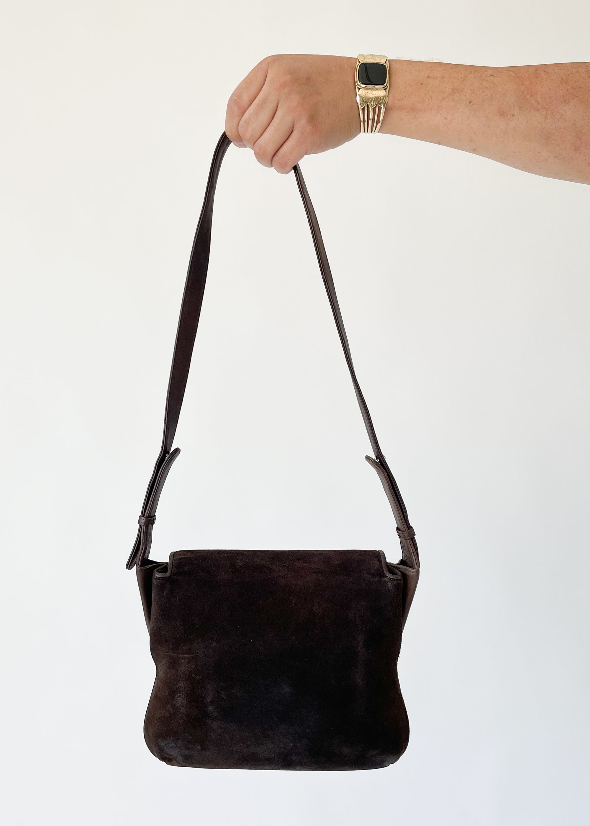 Vintage 1970s Brown Suede Purse with Enameled Tiger