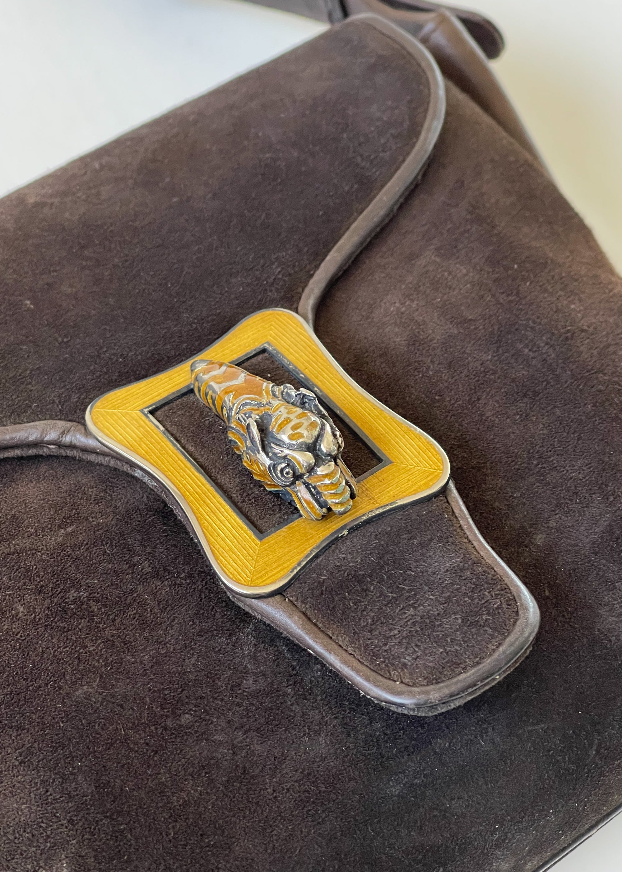 Vintage 1970s Brown Suede Purse with Enameled Tiger