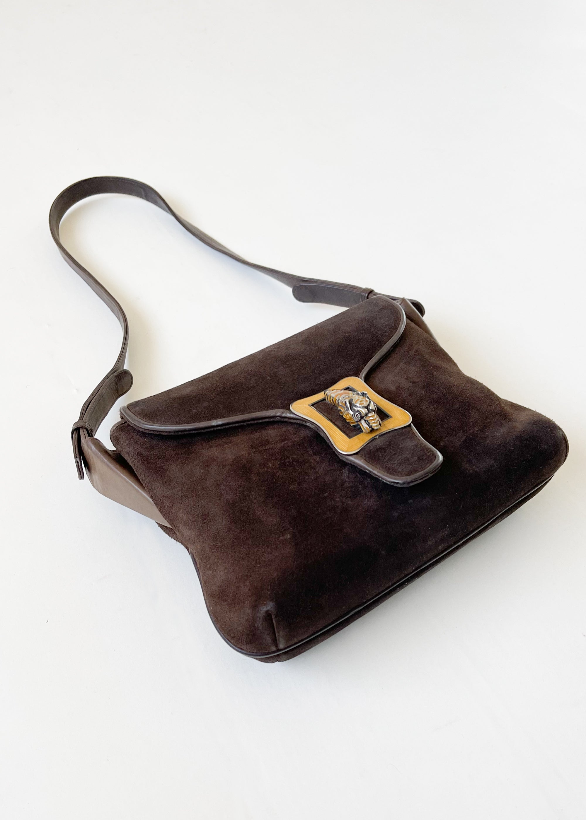 Vintage 1970s Brown Suede Purse with Enameled Tiger