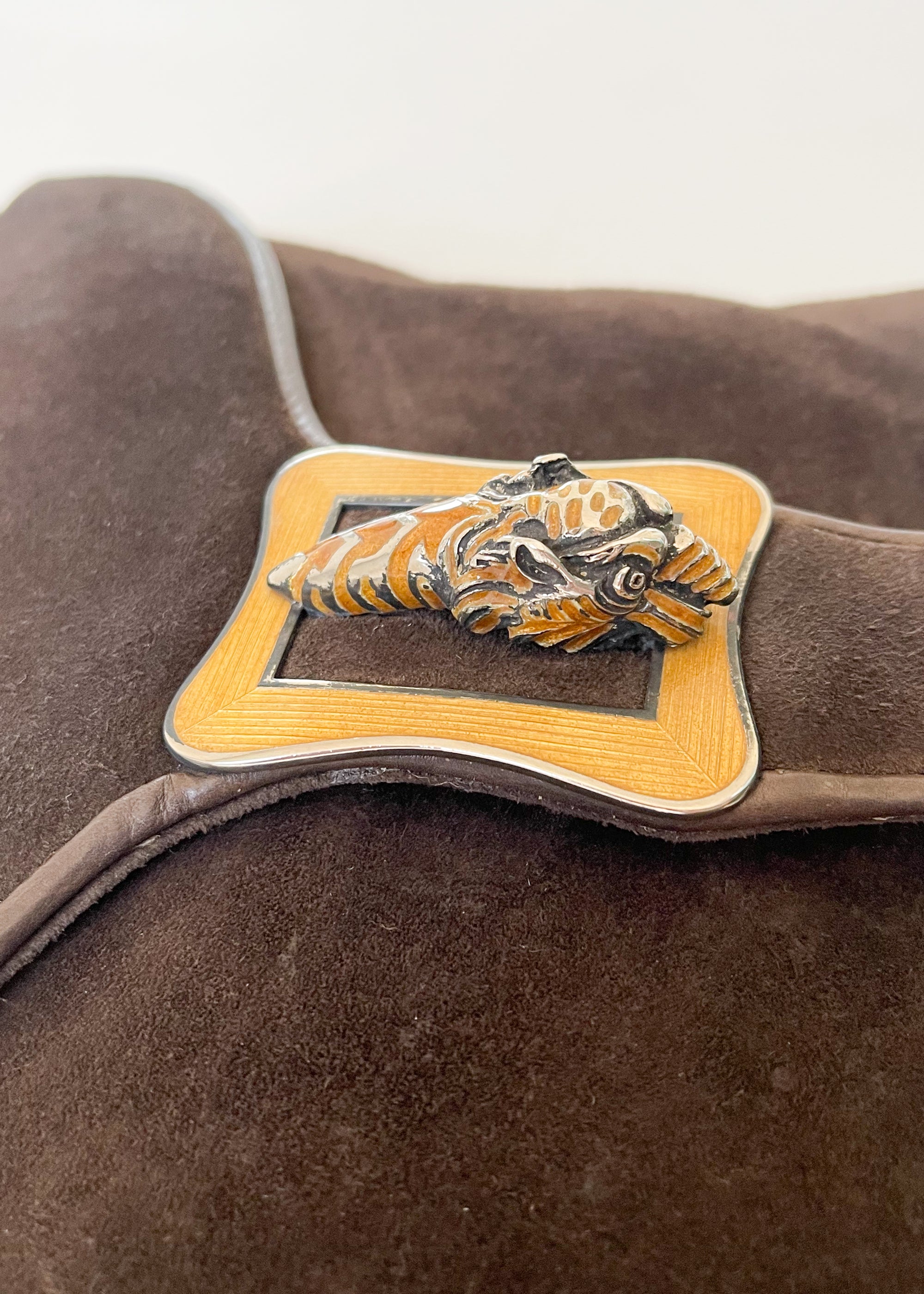 Vintage 1970s Brown Suede Purse with Enameled Tiger