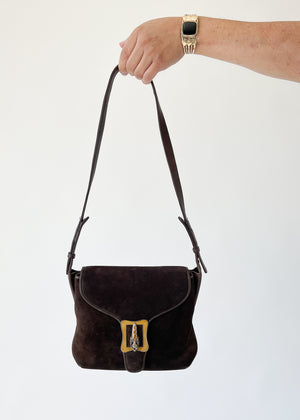 Vintage 1970s Brown Suede Purse with Enameled Tiger