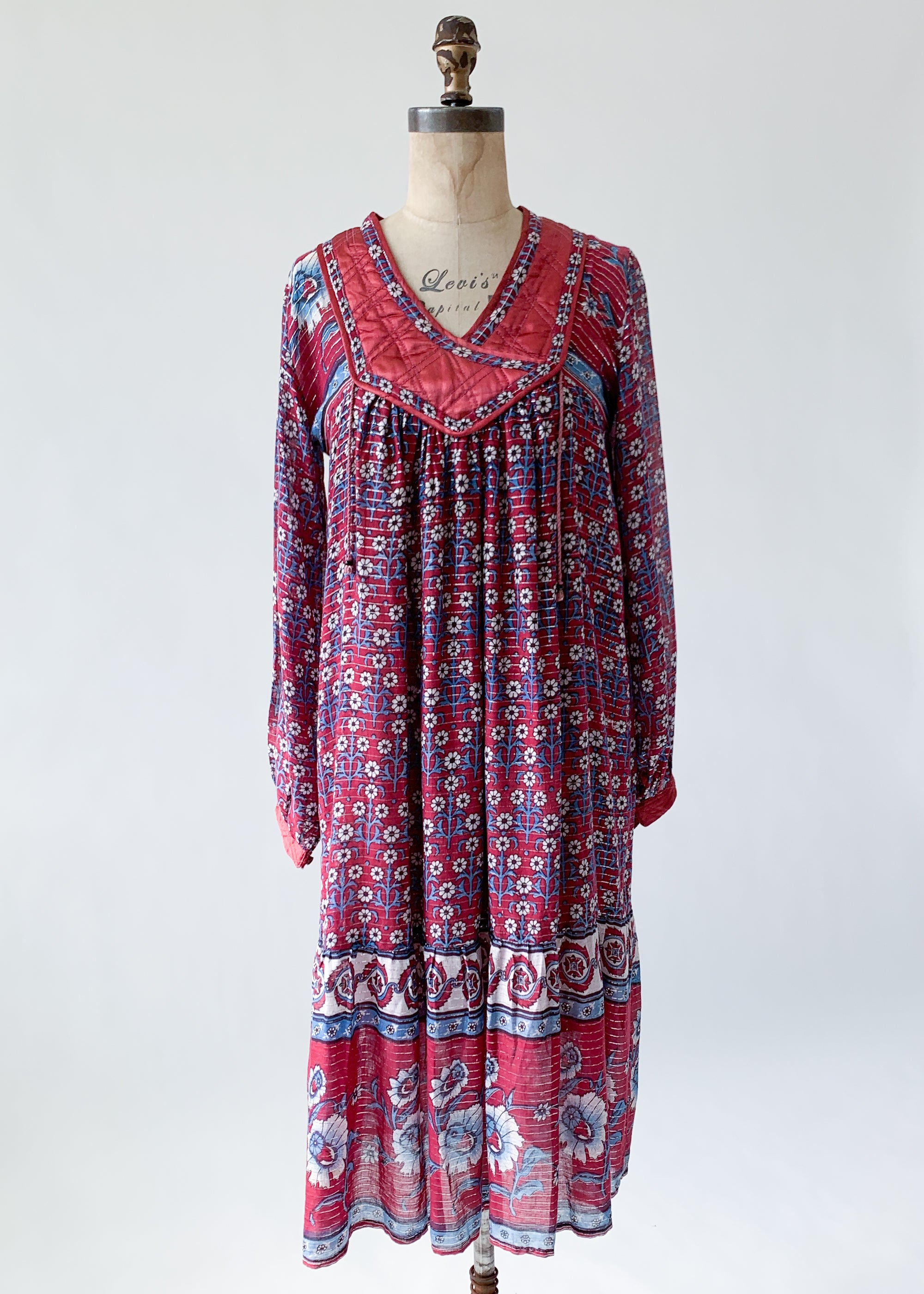 Vintage 1970s Indian Cotton Dress with Lurex Stripes - Raleigh Vintage