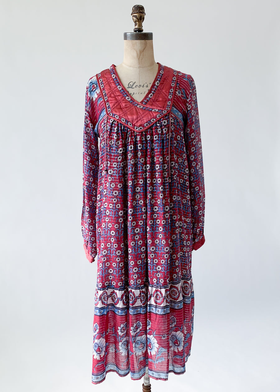 Vintage 1970s Indian Cotton Dress with Lurex Stripes