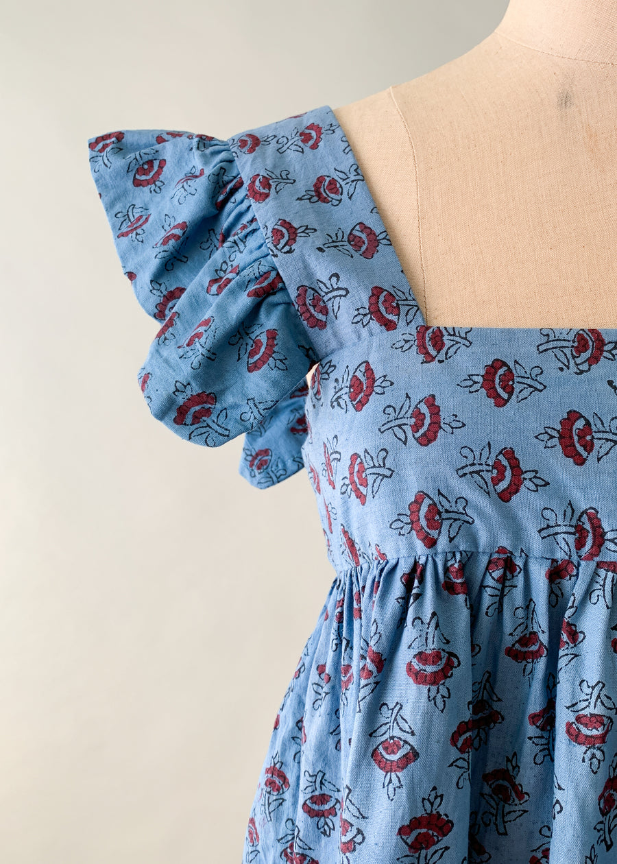Vintage 1970s Indian Cotton Blue Ruffle Top