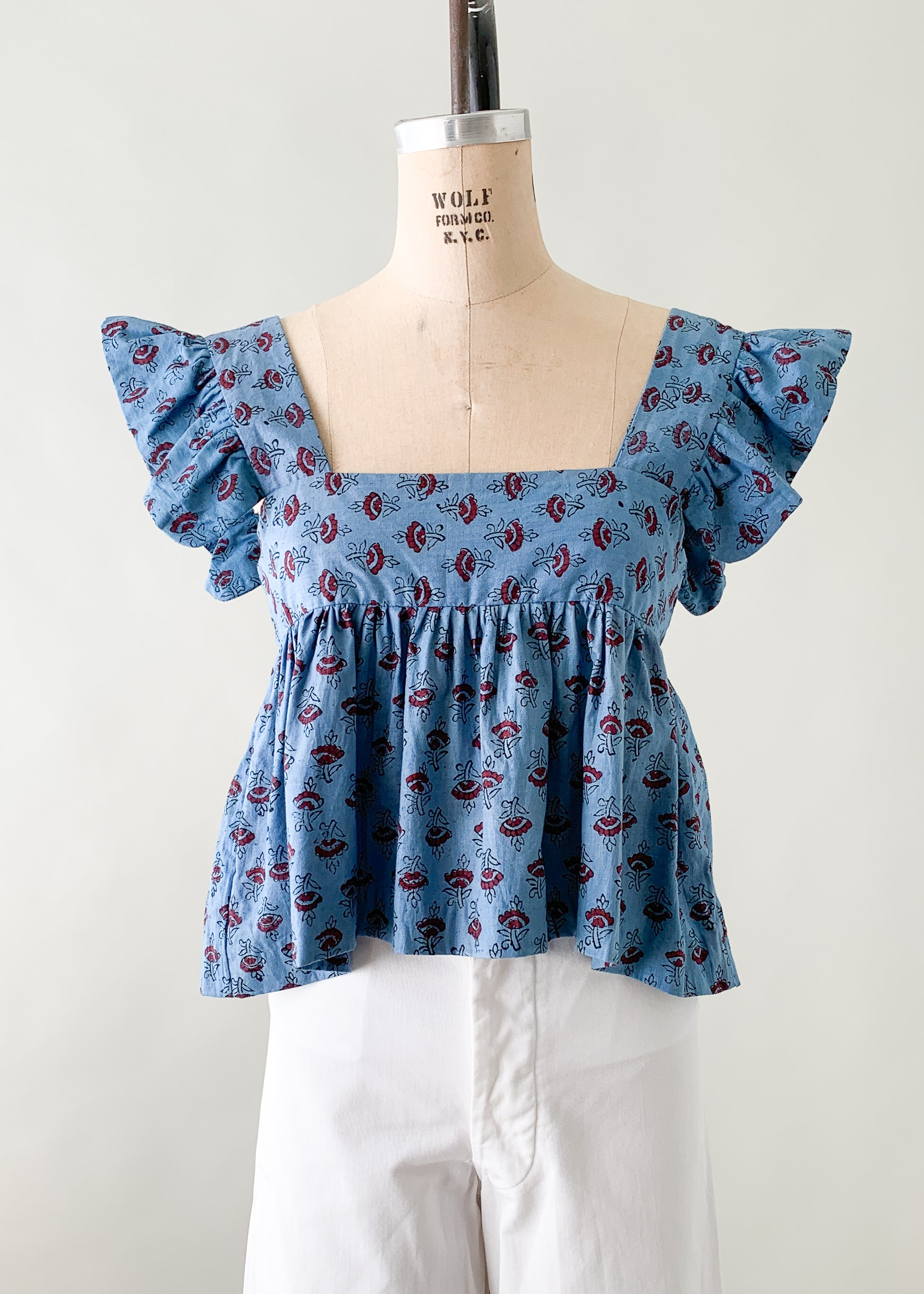 Vintage 1970s Indian Cotton Blue Ruffle Top