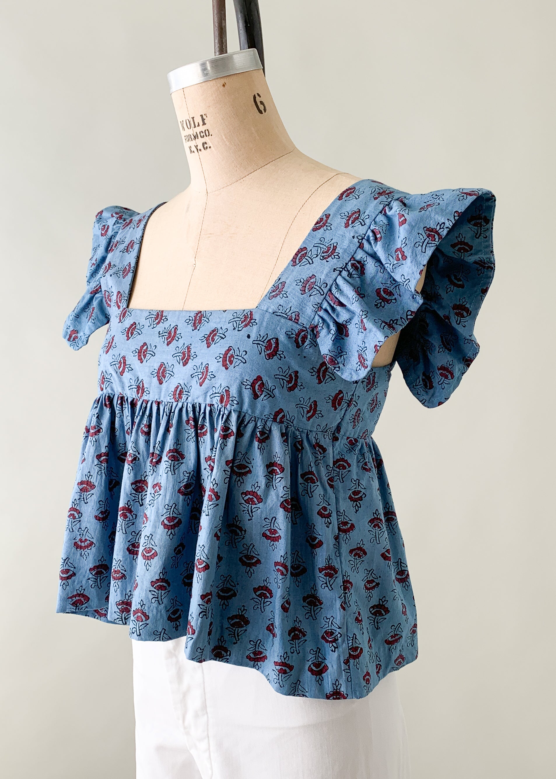 Vintage 1970s Indian Cotton Blue Ruffle Top