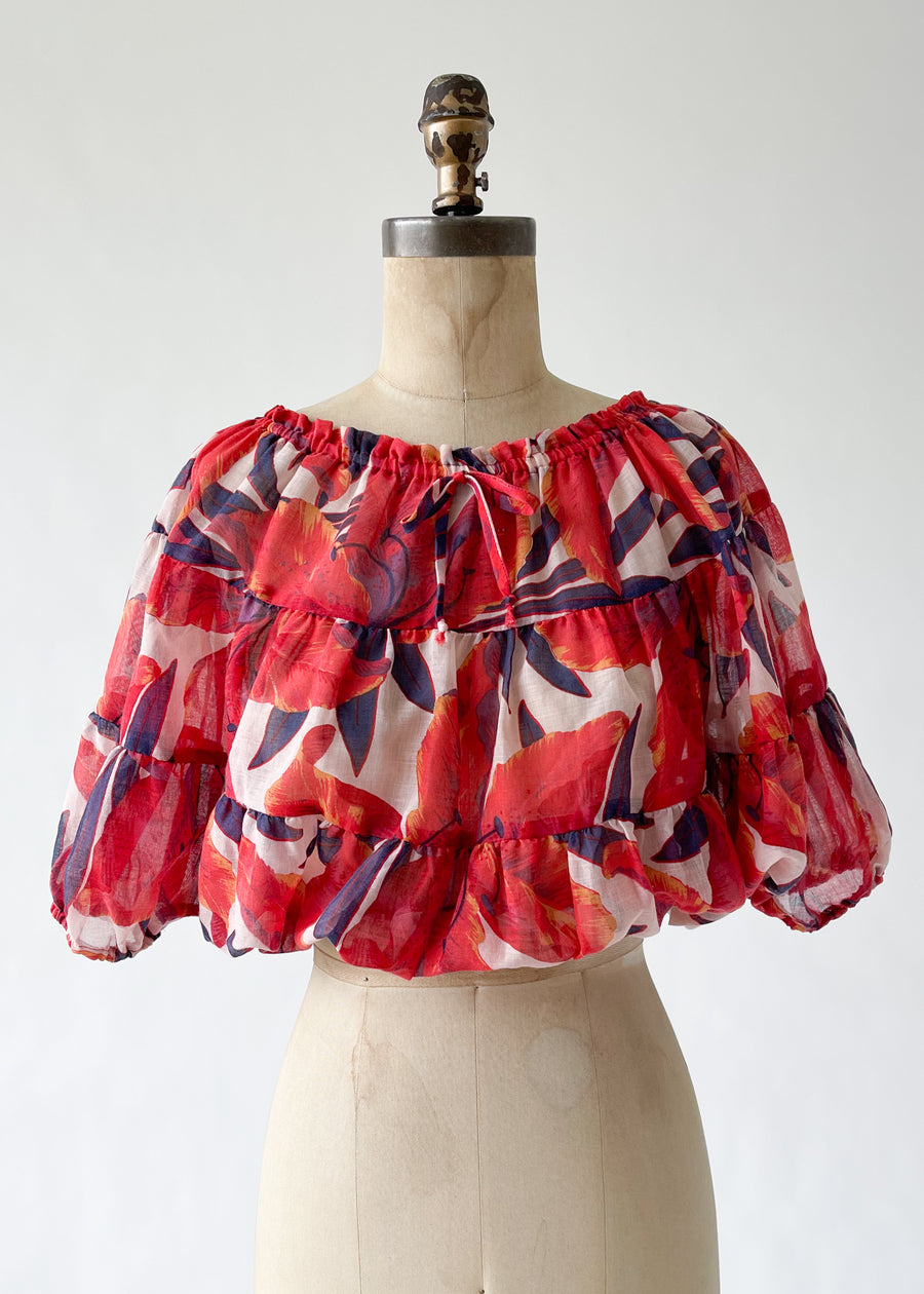Vintage 1970s Tropical Flowers Sheer Top