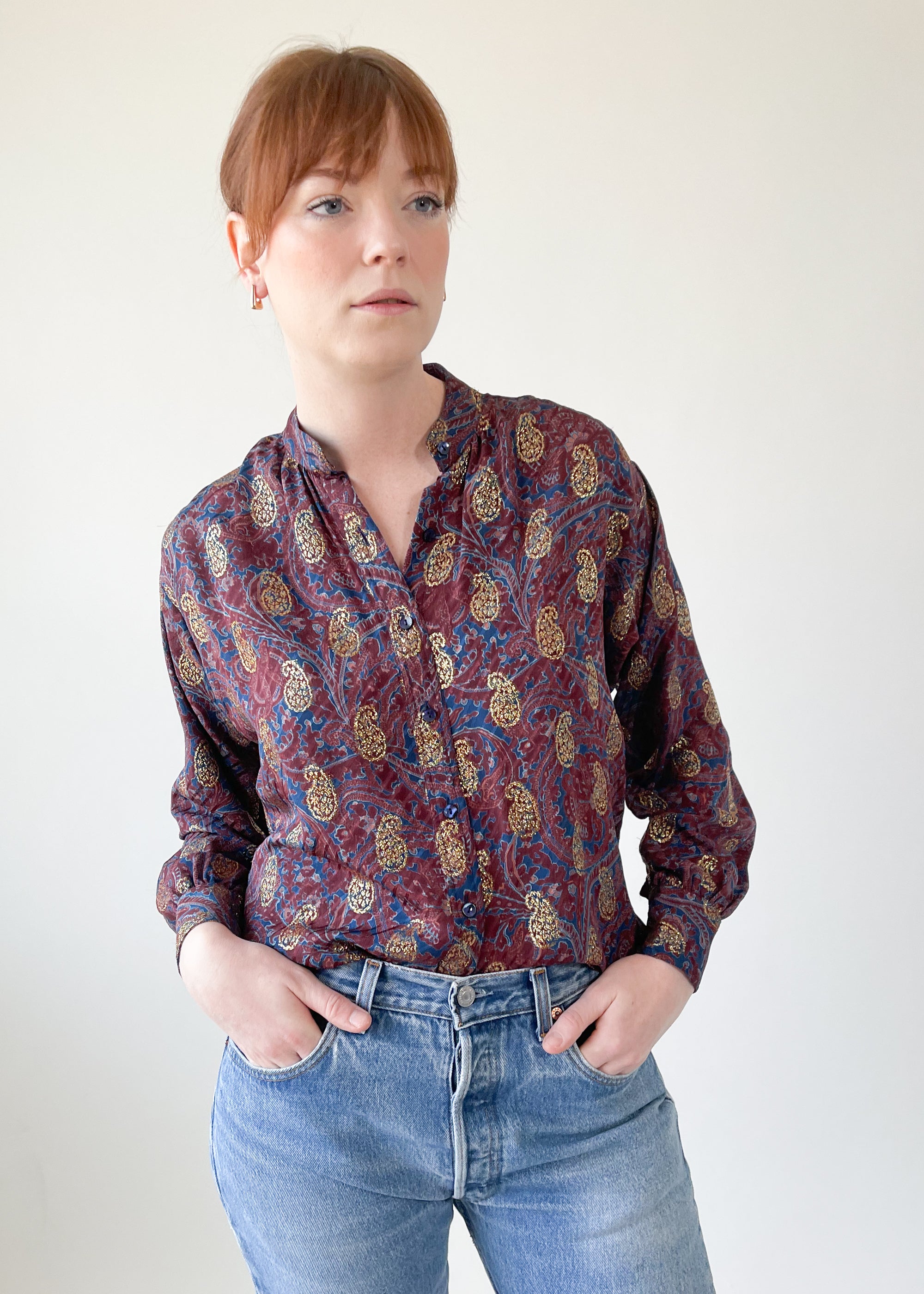 Vintage 1970s Yves Saint Laurent Paisley Metallic Blouse