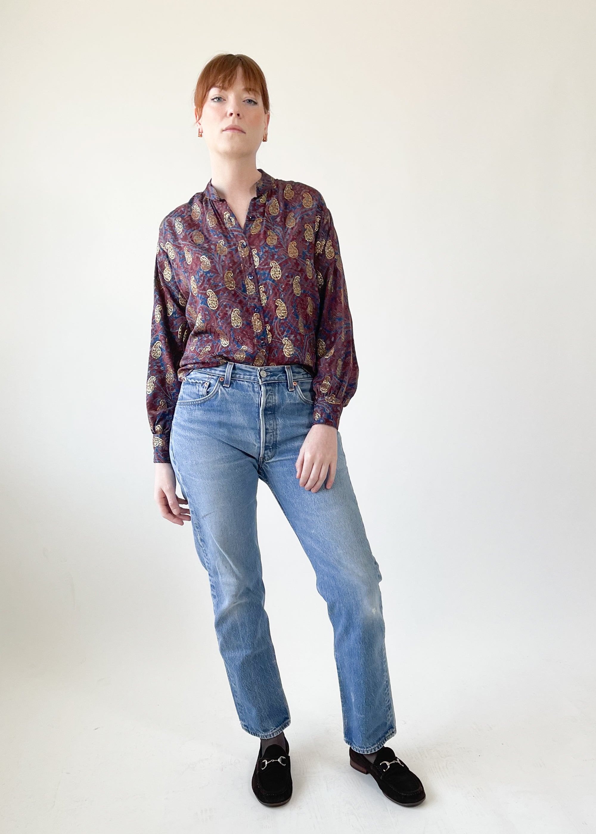 Vintage 1970s Yves Saint Laurent Paisley Metallic Blouse
