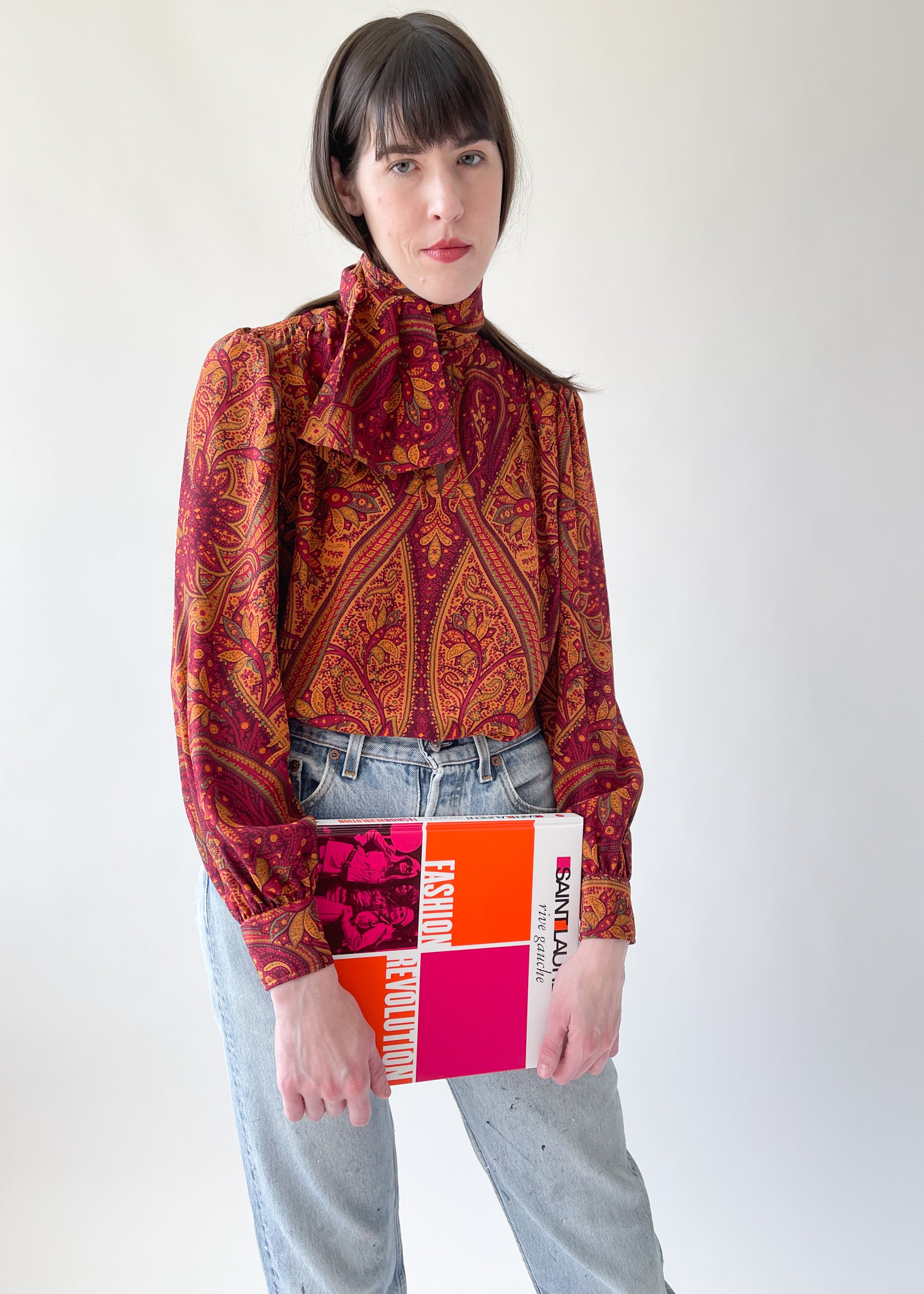 Vintage 1970s YSL Paisley Silk Blouse with Bow
