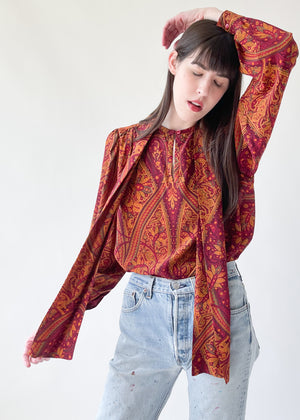 Vintage 1970s YSL Paisley Silk Blouse with Bow