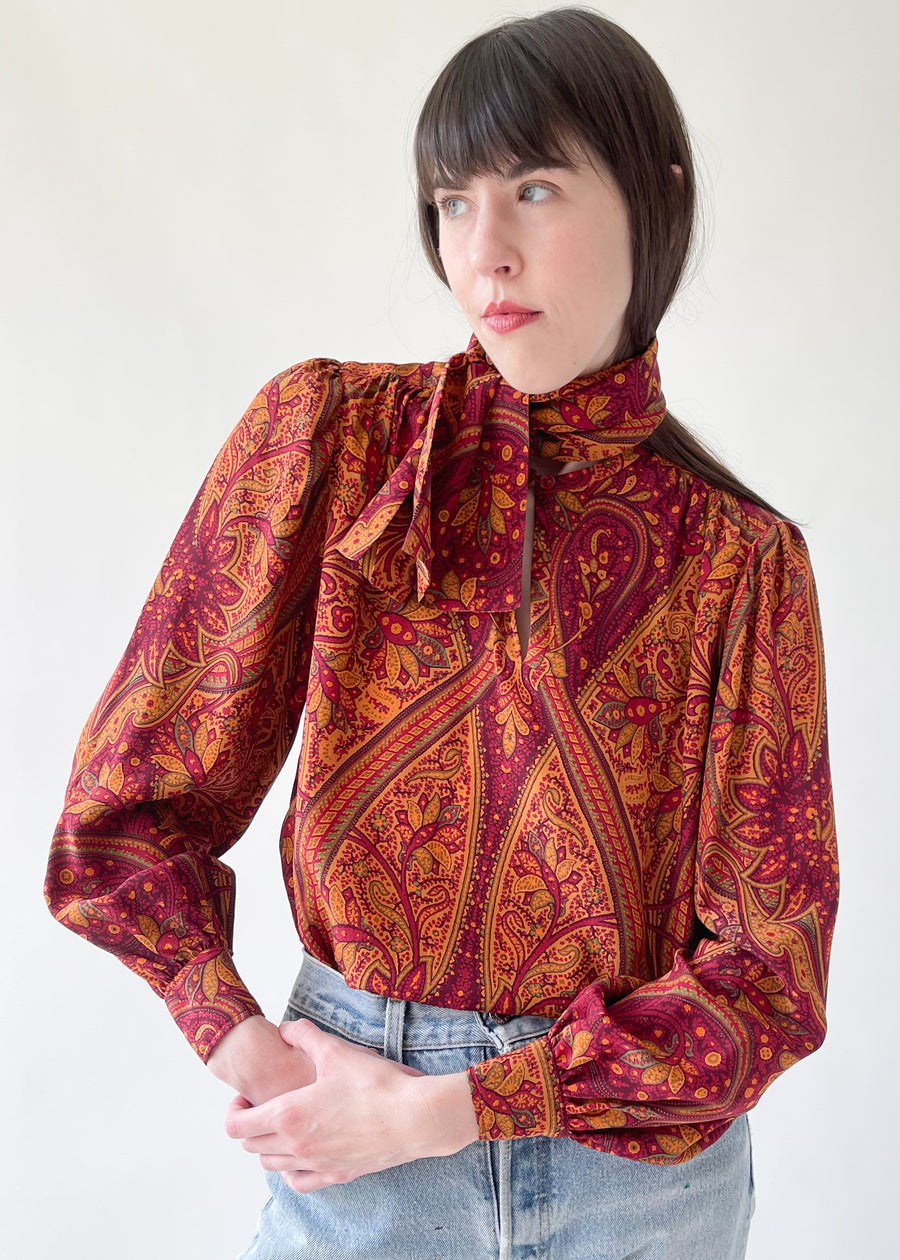 Vintage 1970s YSL Paisley Silk Blouse with Bow
