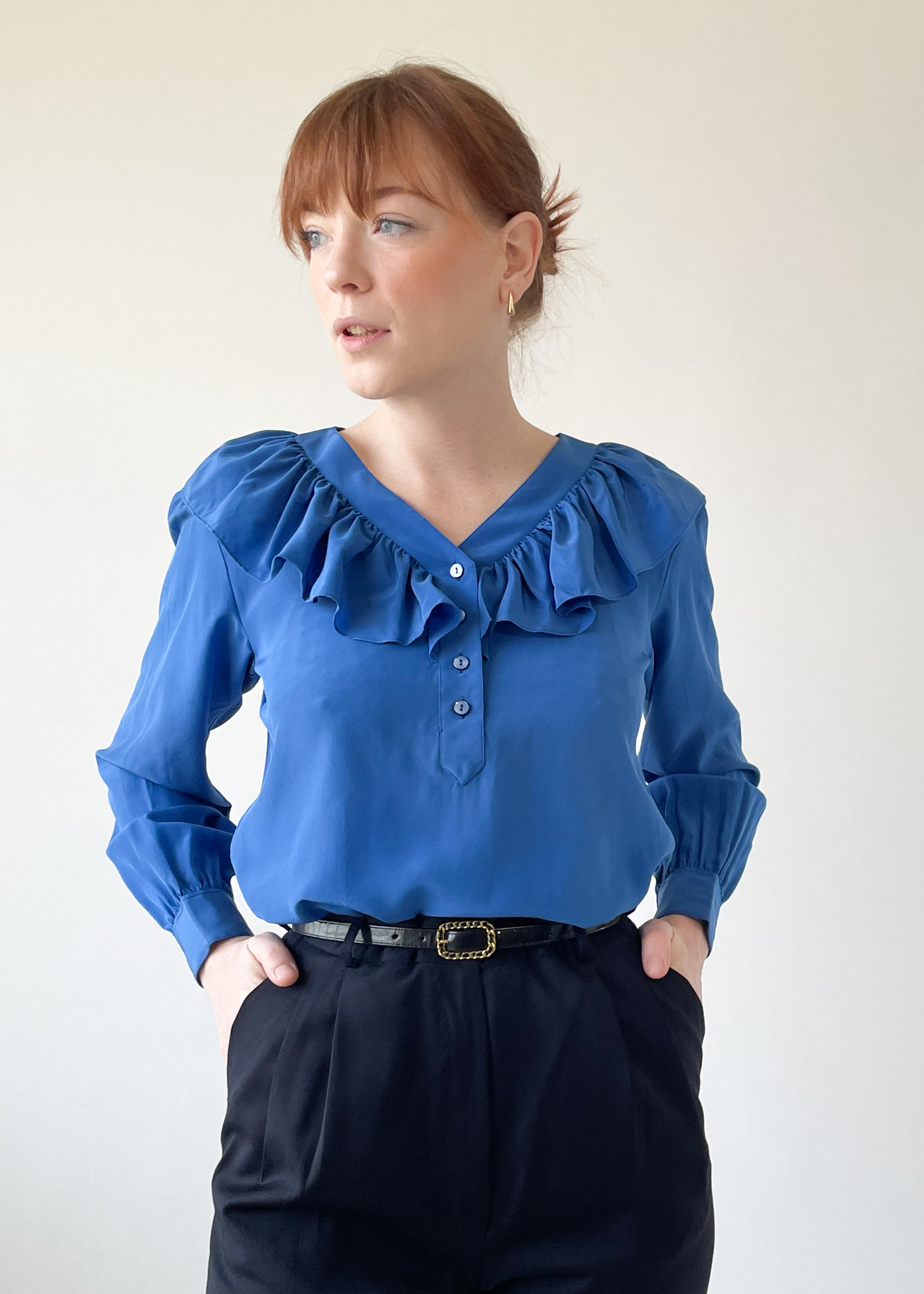 Vintage 1970s YSL Blue Ruffle Neck Blouse