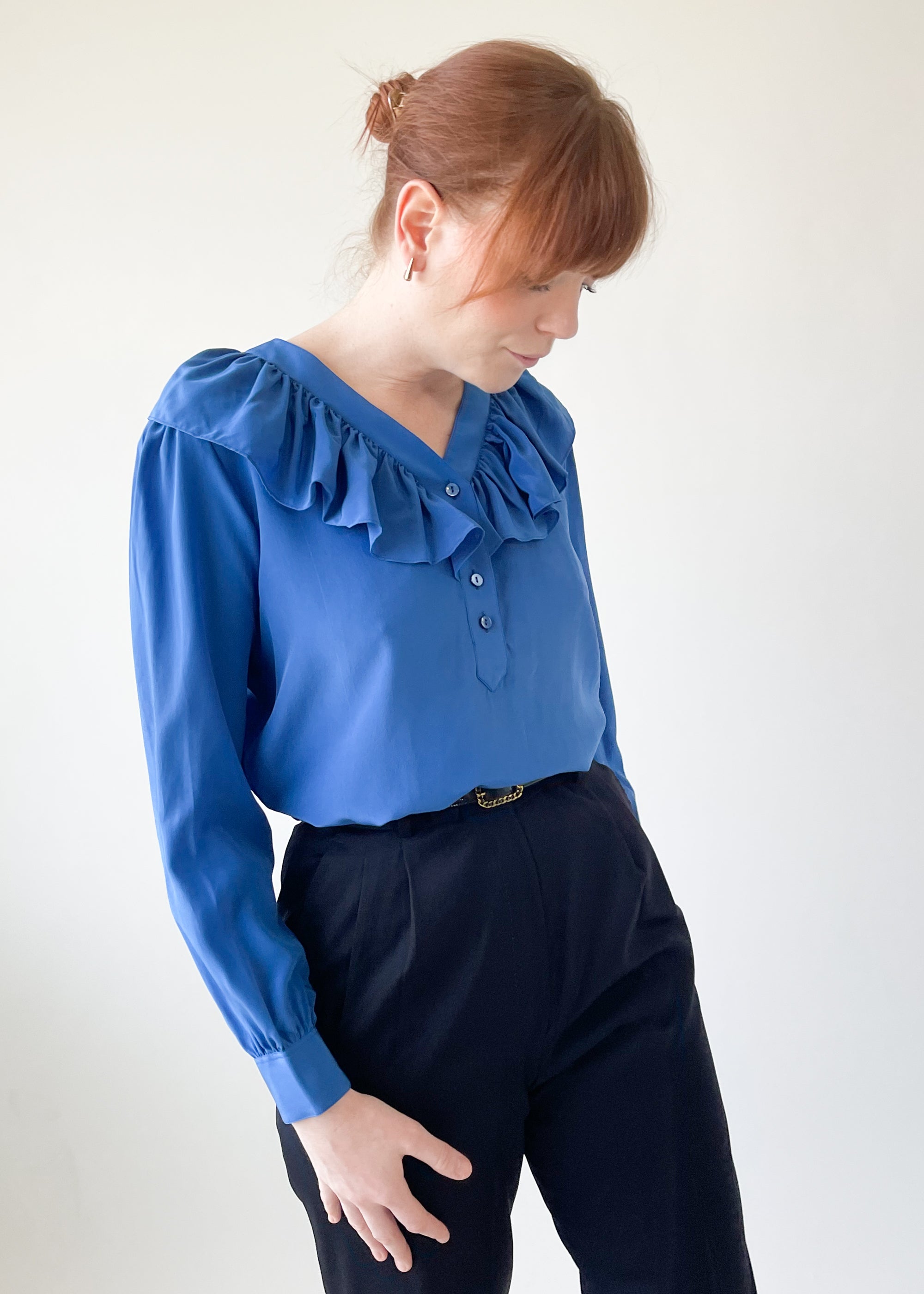 Vintage 1970s YSL Blue Ruffle Neck Blouse