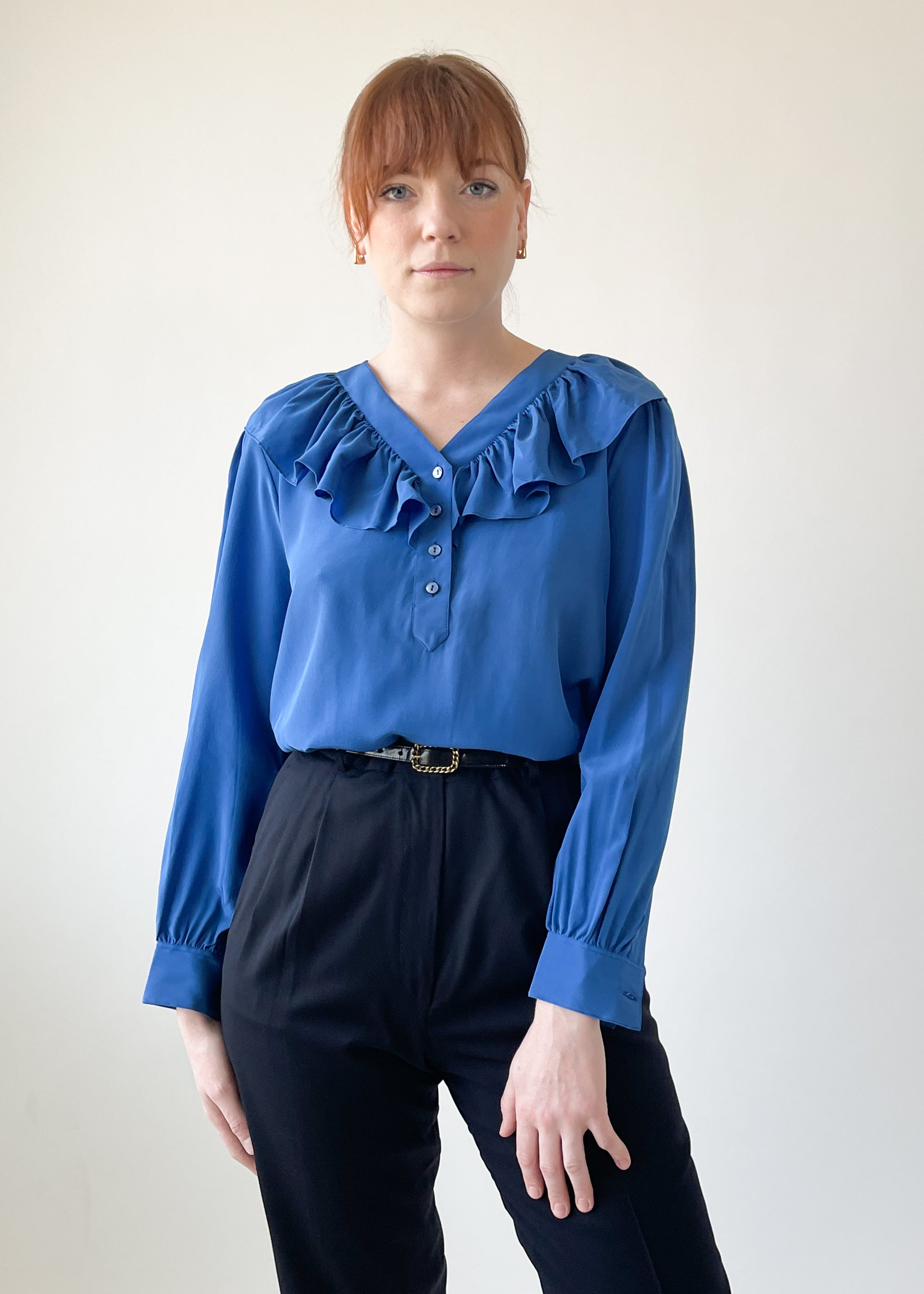 Vintage 1970s YSL Blue Ruffle Neck Blouse