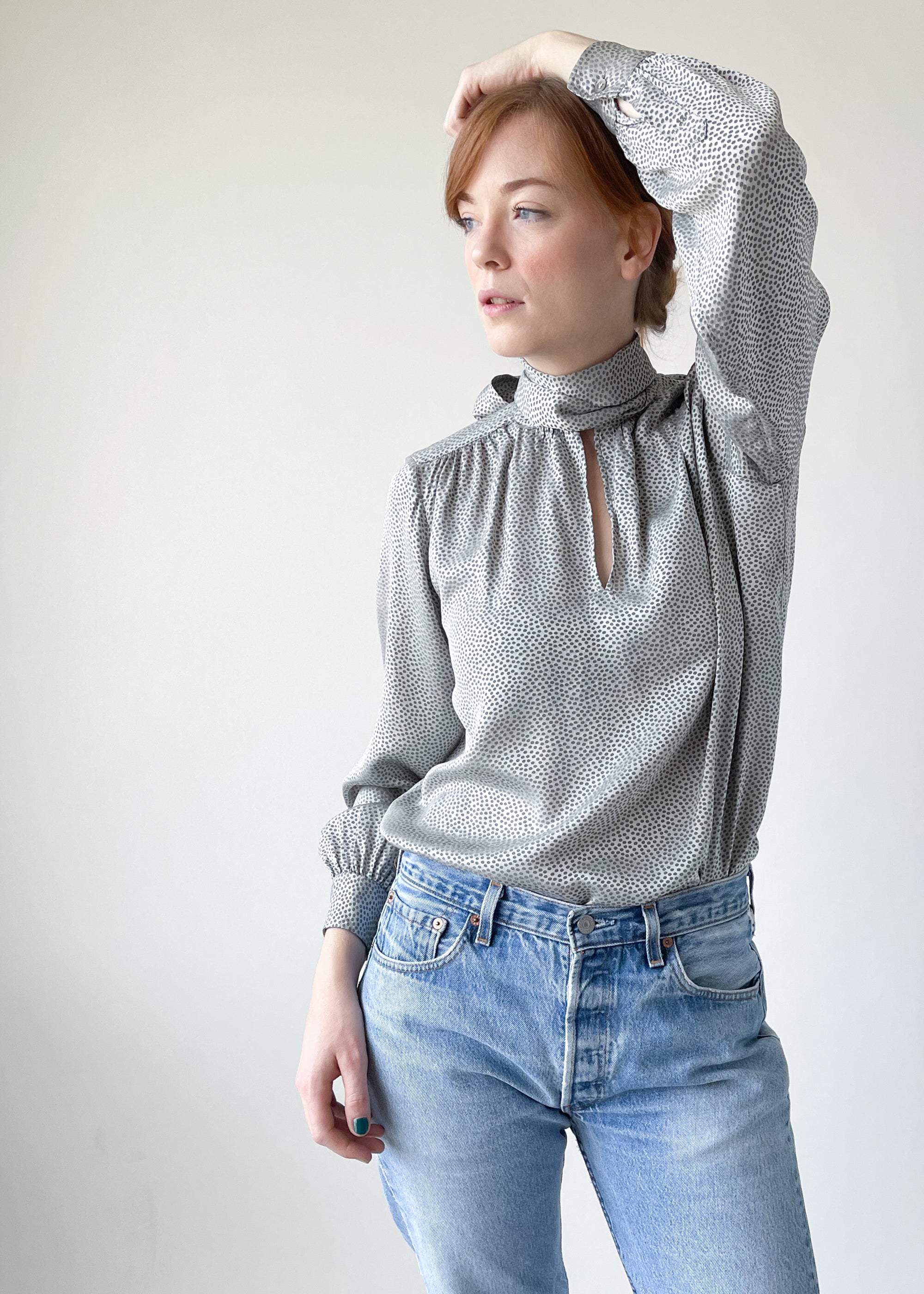 Vintage 1970s YSL Grey Silk Blouse