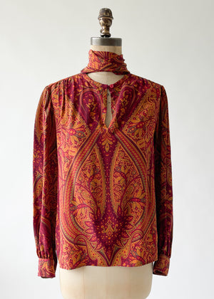 Vintage 1970s YSL Paisley Silk Blouse with Bow