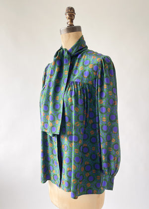 Vintage 1980s YSL Silk Print Blouse with Bow