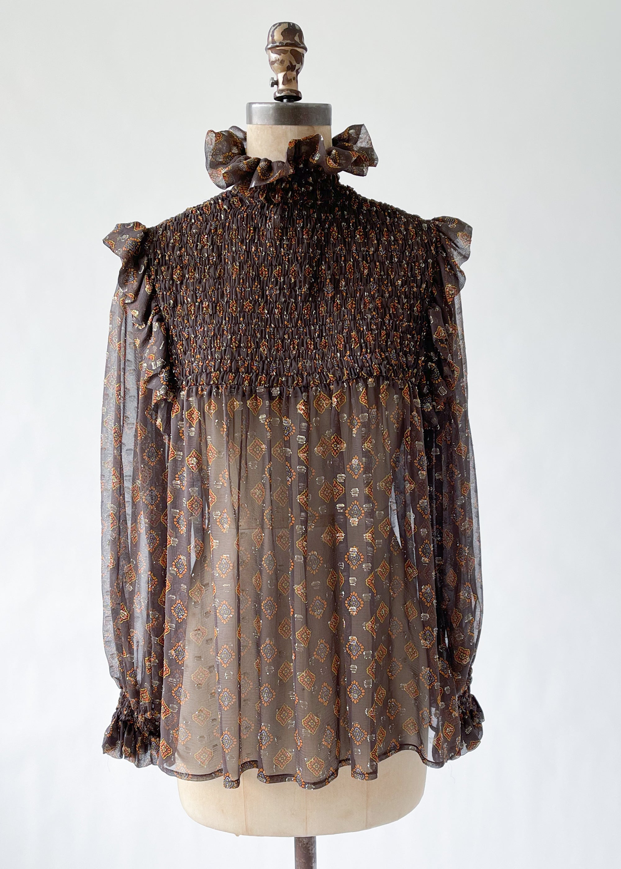 Vintage 1970s YSL Smocked Ruffle Neck Blouse