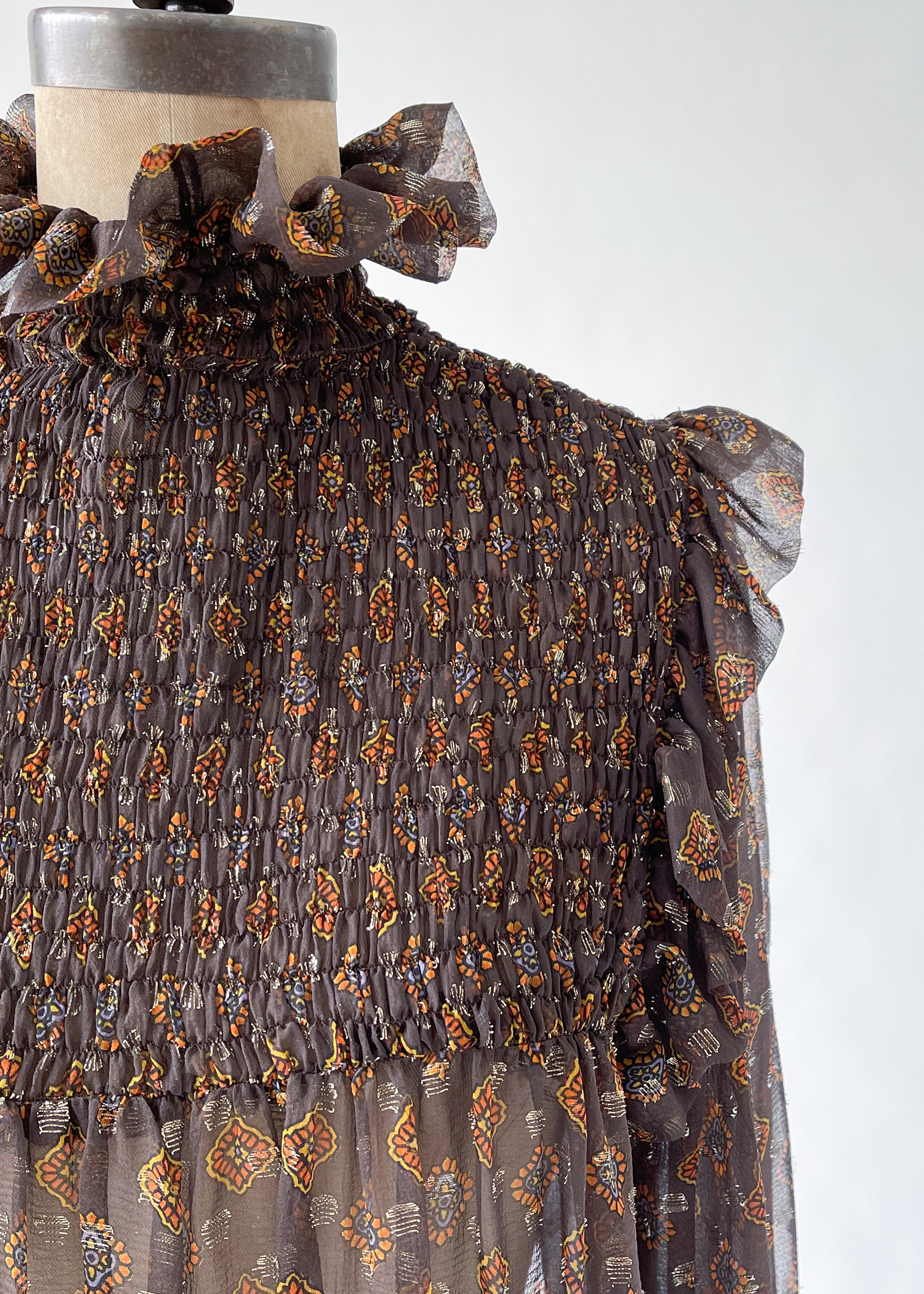 Vintage 1970s YSL Smocked Ruffle Neck Blouse